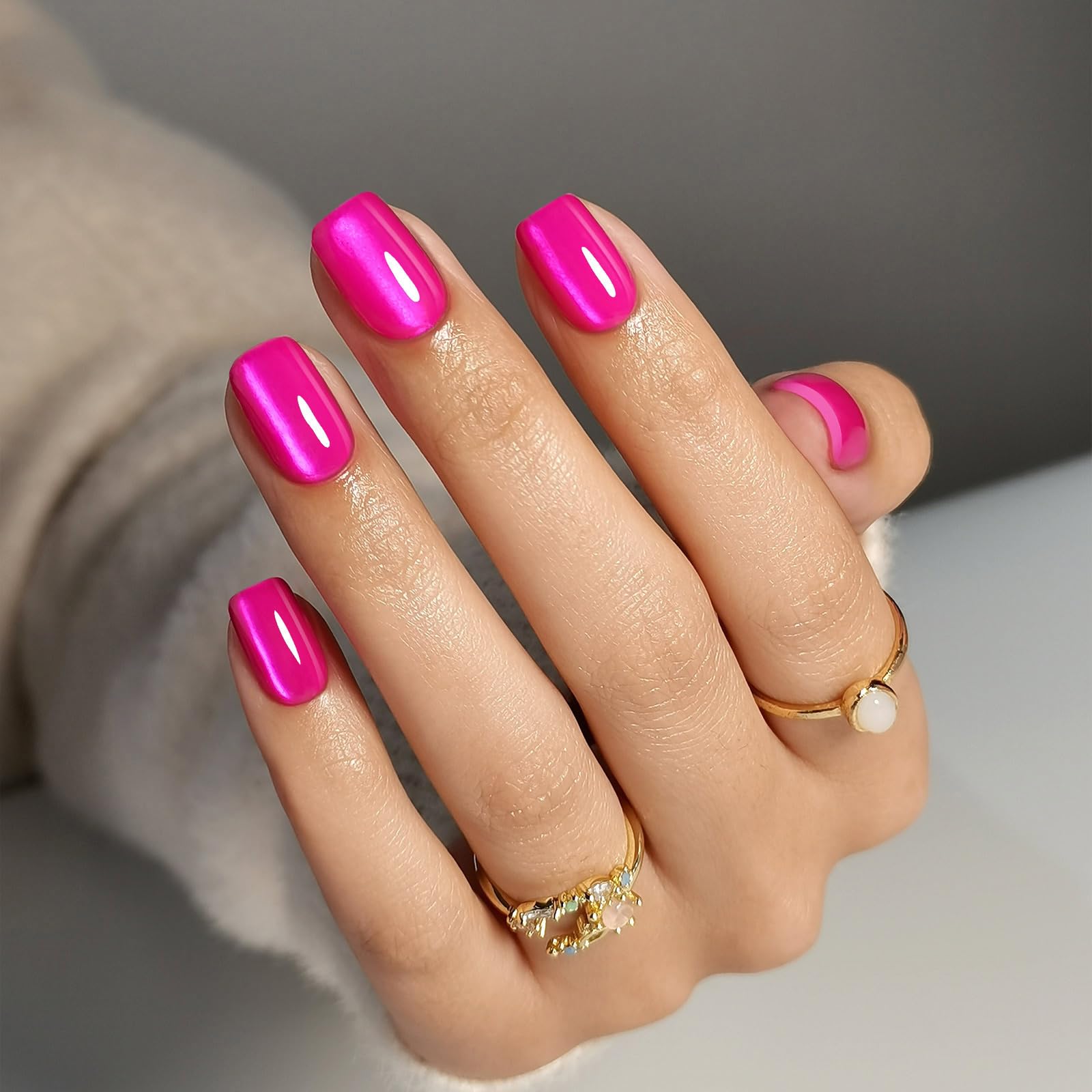 Soft Gel Hot Pink Press on Nails Short - Cat Eye Square Fake Nails for Women | 16 Sizes, 32 Reusable Nails with Glue | Natural Fit & Glossy Finish | Perfect for Parties, Weddings & Daily Wear