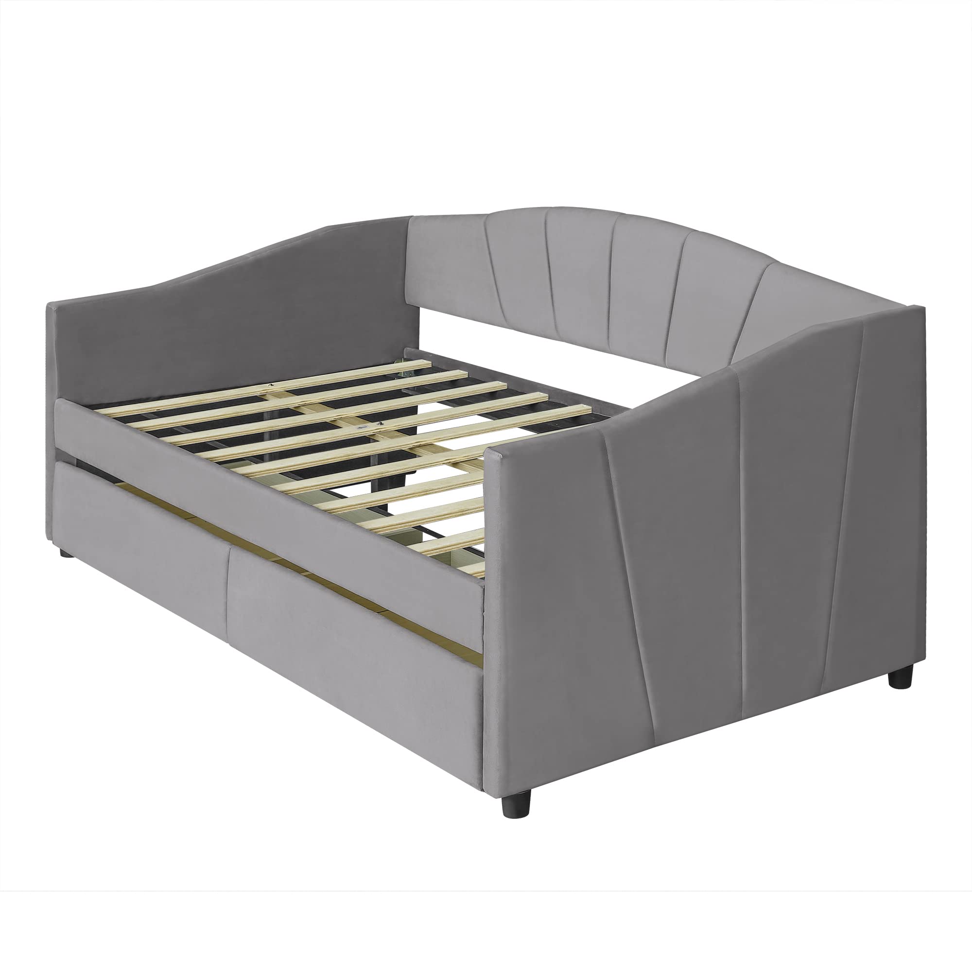 Elegant Twin Size Velvet Fabric Daybed with 2 Storage Drawers - Modern Upholstered Sofa Bed Frame with Solid Pine Wood Legs & Sturdy Slat Support for Living Room, Bedroom or Guest Room (Gray) | Perfect for Small Spaces, Sleepovers & Multi-Functional Furniture Needs