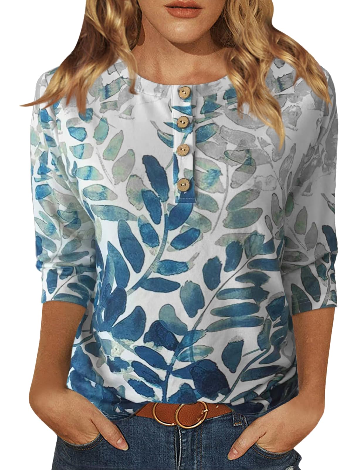 Women's Casual 3/4 Sleeve Crew Neck Blouses - Floral Print Loose T-Shirts for Everyday Wear, Work & Weekend Outfits