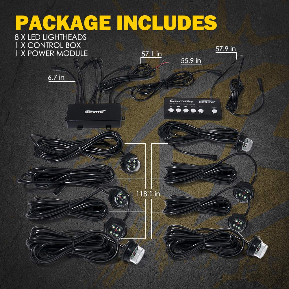 Xprite White Amber LED Hideaway Strobe Lights Kit - 20 Flashing Patterns with Control Panel for Headlights, Taillights & Fog Lights - Emergency Vehicle Lighting for Trucks, SUVs, Vans, Cars, UTVs & ATVs (8-Piece Kit) - Perfect for Roadside Emergencies, Construction Zones & Off-Road Adventures