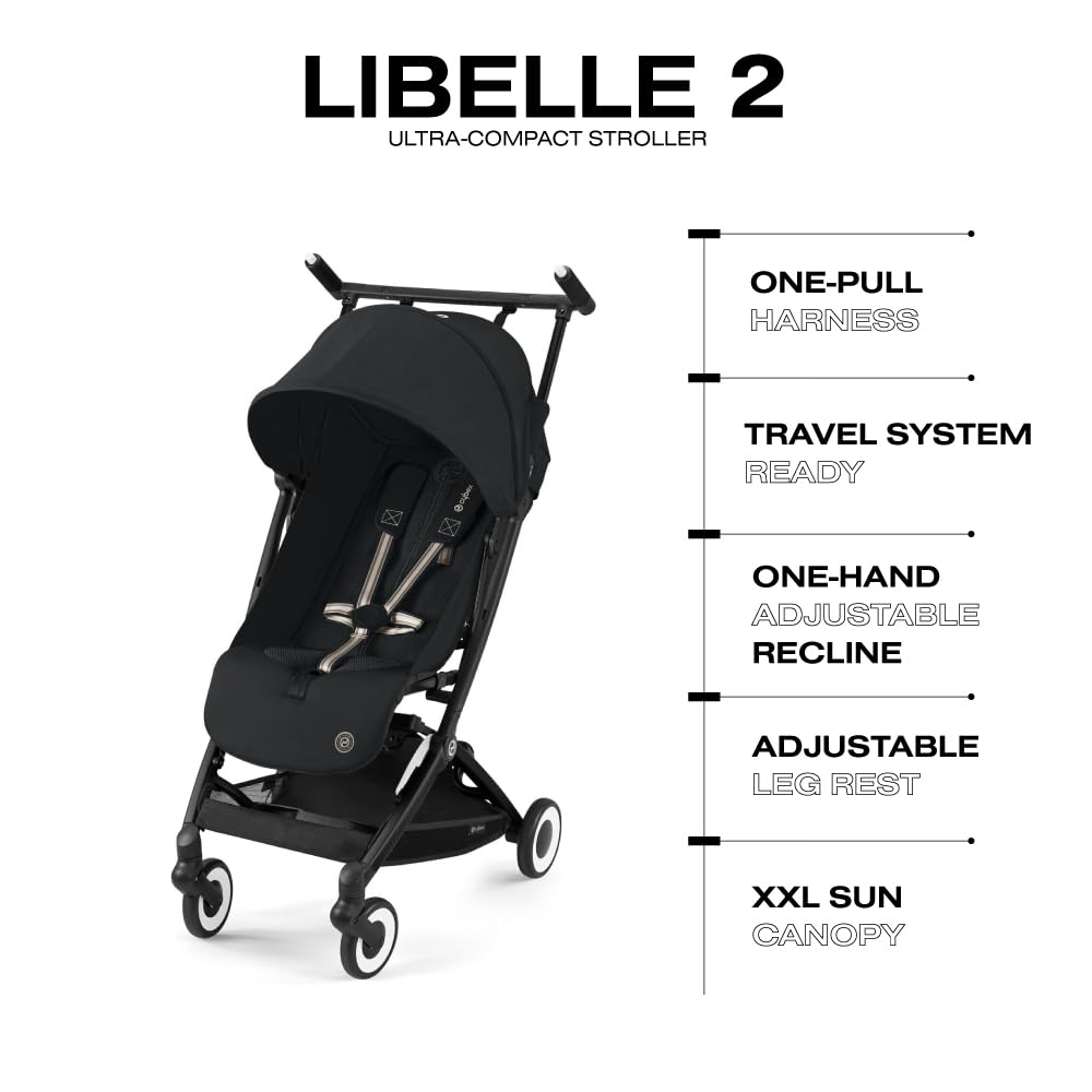 Cybex Libelle 2 Lightweight Travel Stroller - Compact Foldable Baby Stroller for Airplane Carry-On, One-Hand Recline & CYBEX Car Seat Compatible (Magic Black) - Perfect for Air Travel, City Walks & Everyday Use