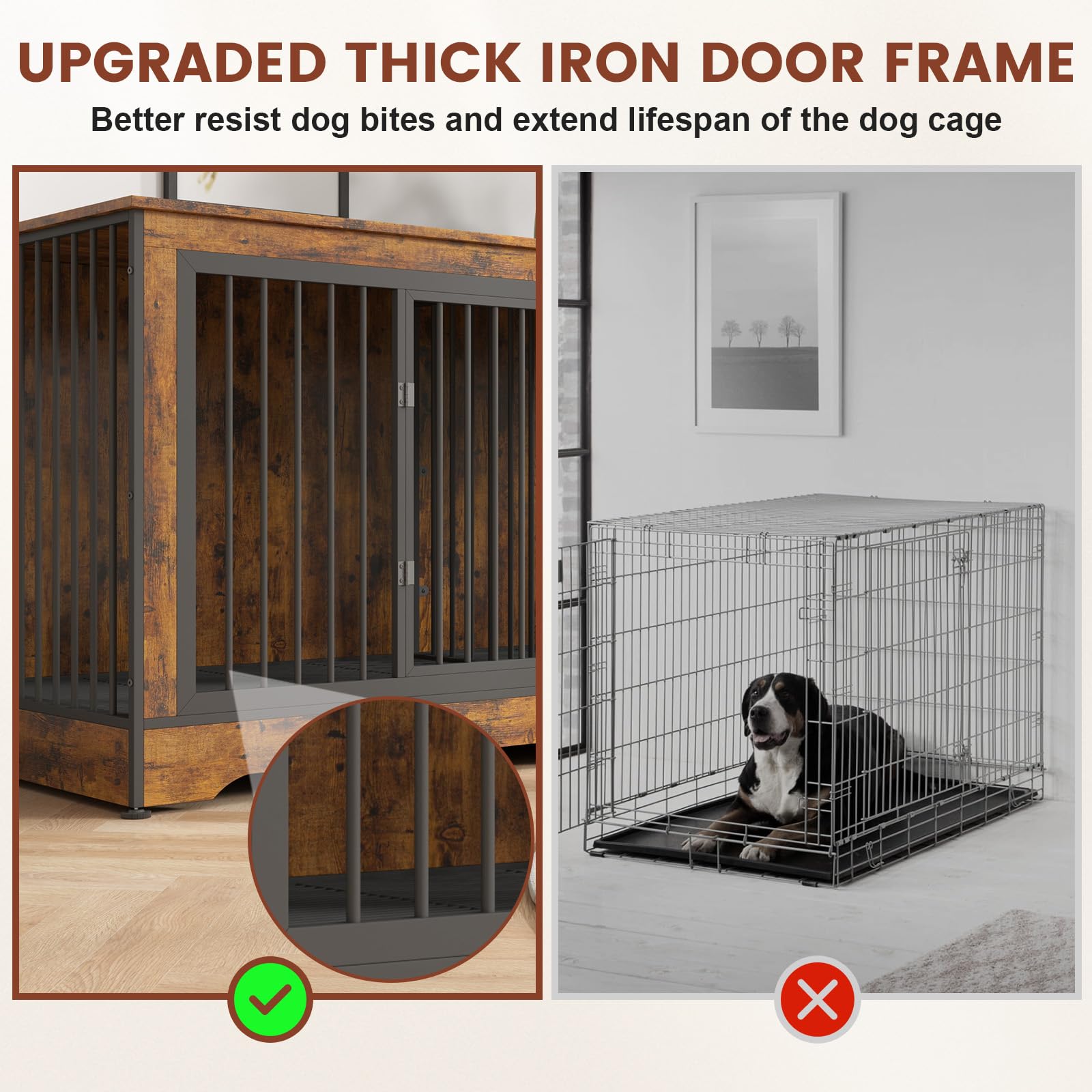 75 Inch 3-in-1 Double Dog Crate Furniture for 2 Large Dogs - Rustic Brown Durable TV Stand with Removable Trays & Divider - Perfect for Living Room, Bedroom or Home Office Pet Space
