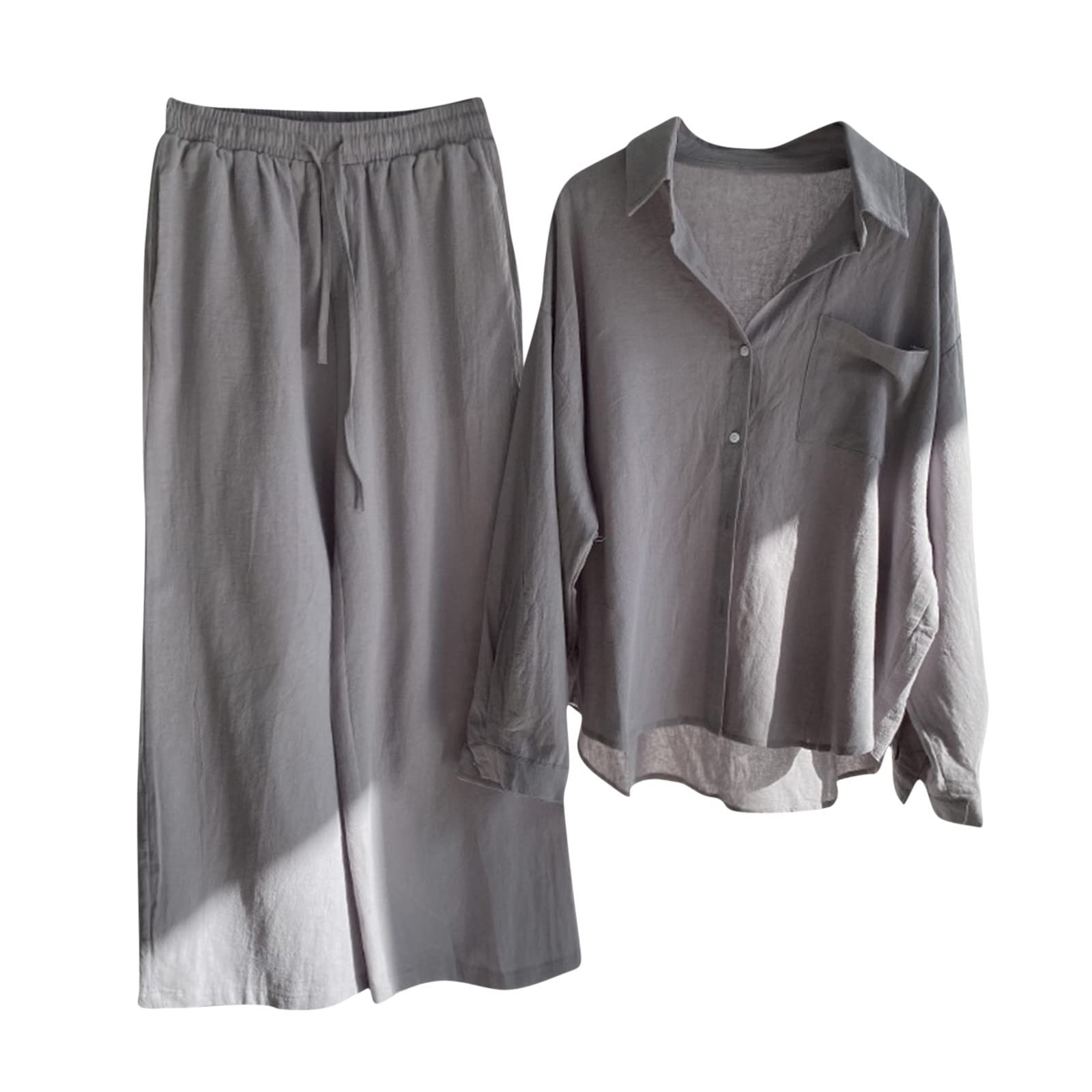 Women's 2-Piece Linen Outfit Set - Long Sleeve Button Down Shirt & Wide Leg Pants | Summer 2024 Casual Workwear & Lounge Wear | Perfect for Office, Travel, and Relaxation