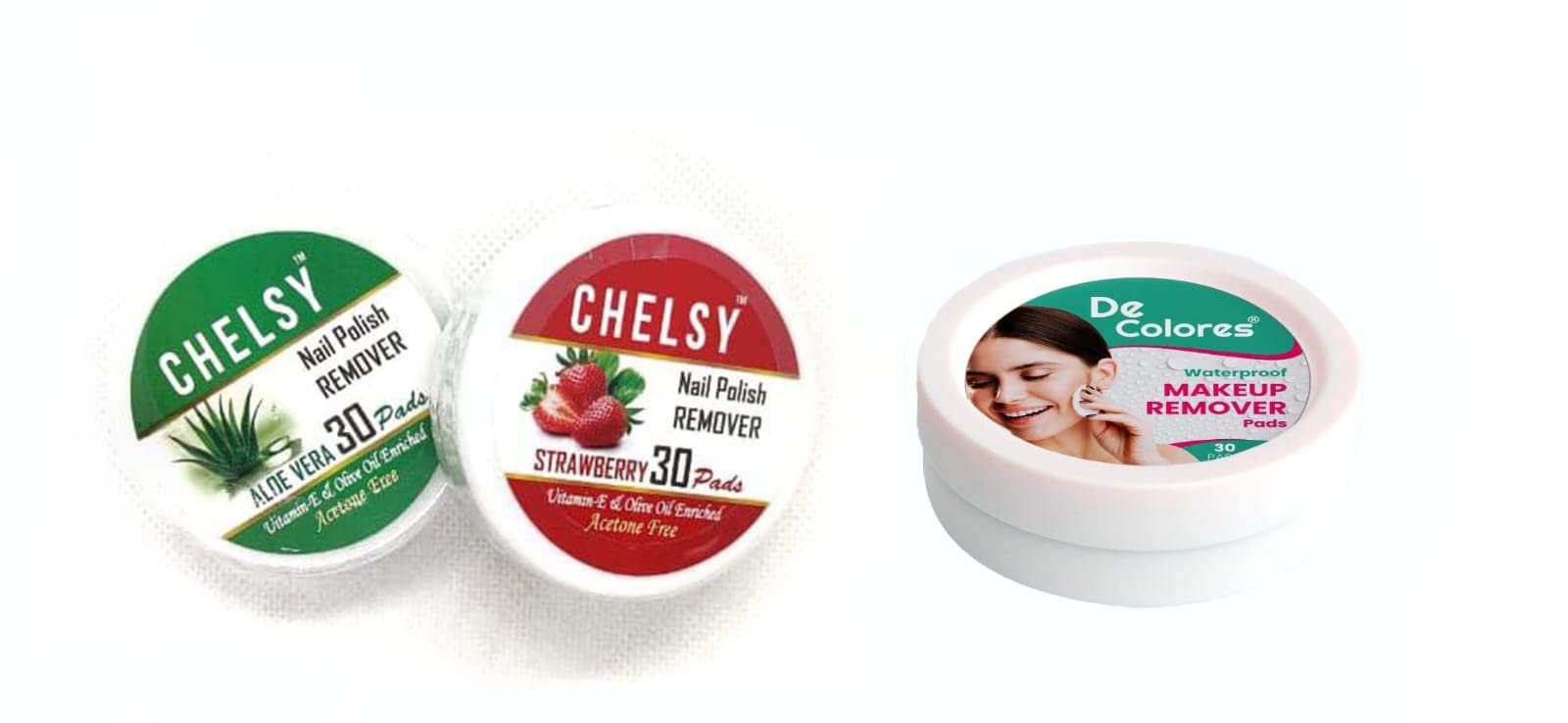 Chelsy Nail Polish Remover Wipes & Makeup Remover Wipes Set - 2 Boxes (60 Pads Total) with Aloe Vera & Strawberry Extracts | Gentle Nail Care & Makeup Removal for Travel, Home & Salon Use