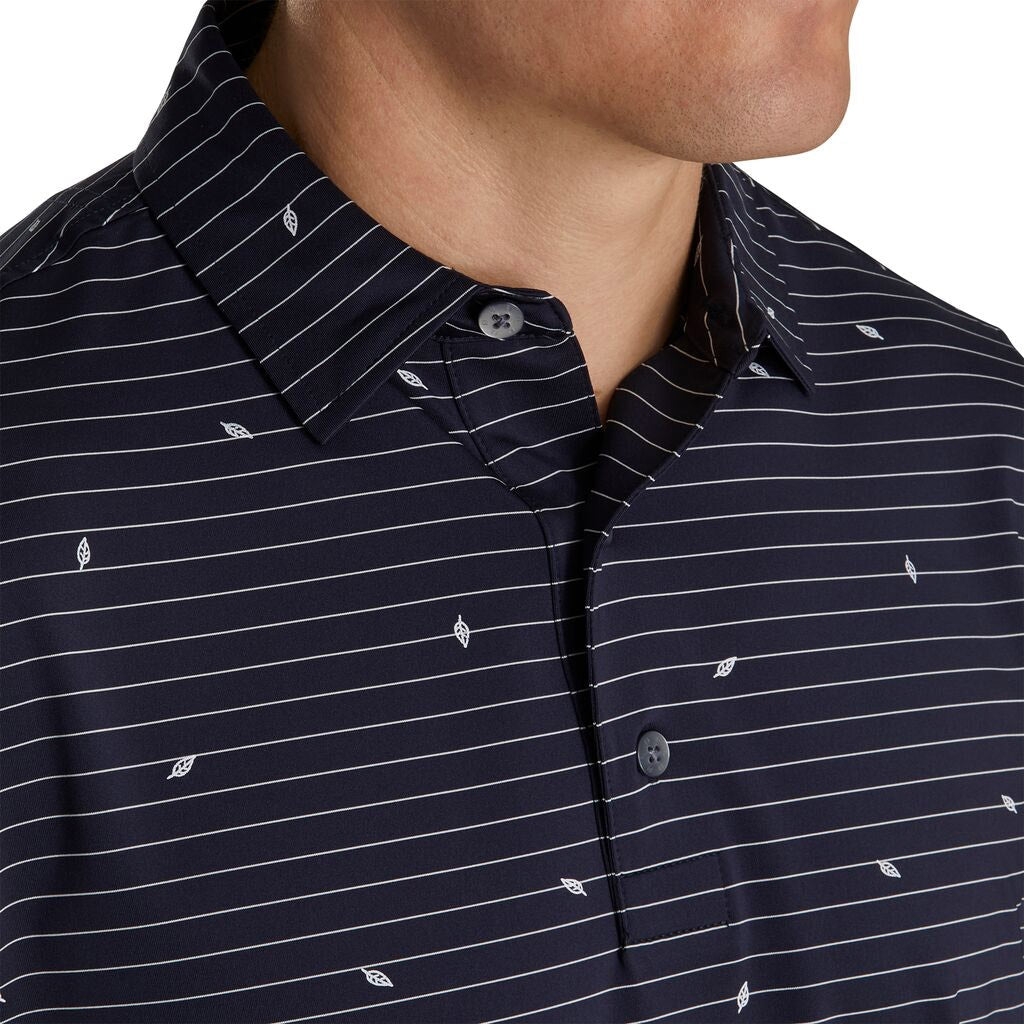 FootJoy Men's Athletic Fit Lisle Stripe Golf Polo Shirt with Self Collar in Navy Stripe - Breathable & Comfortable for Golf, Casual Wear & Outdoor Activities