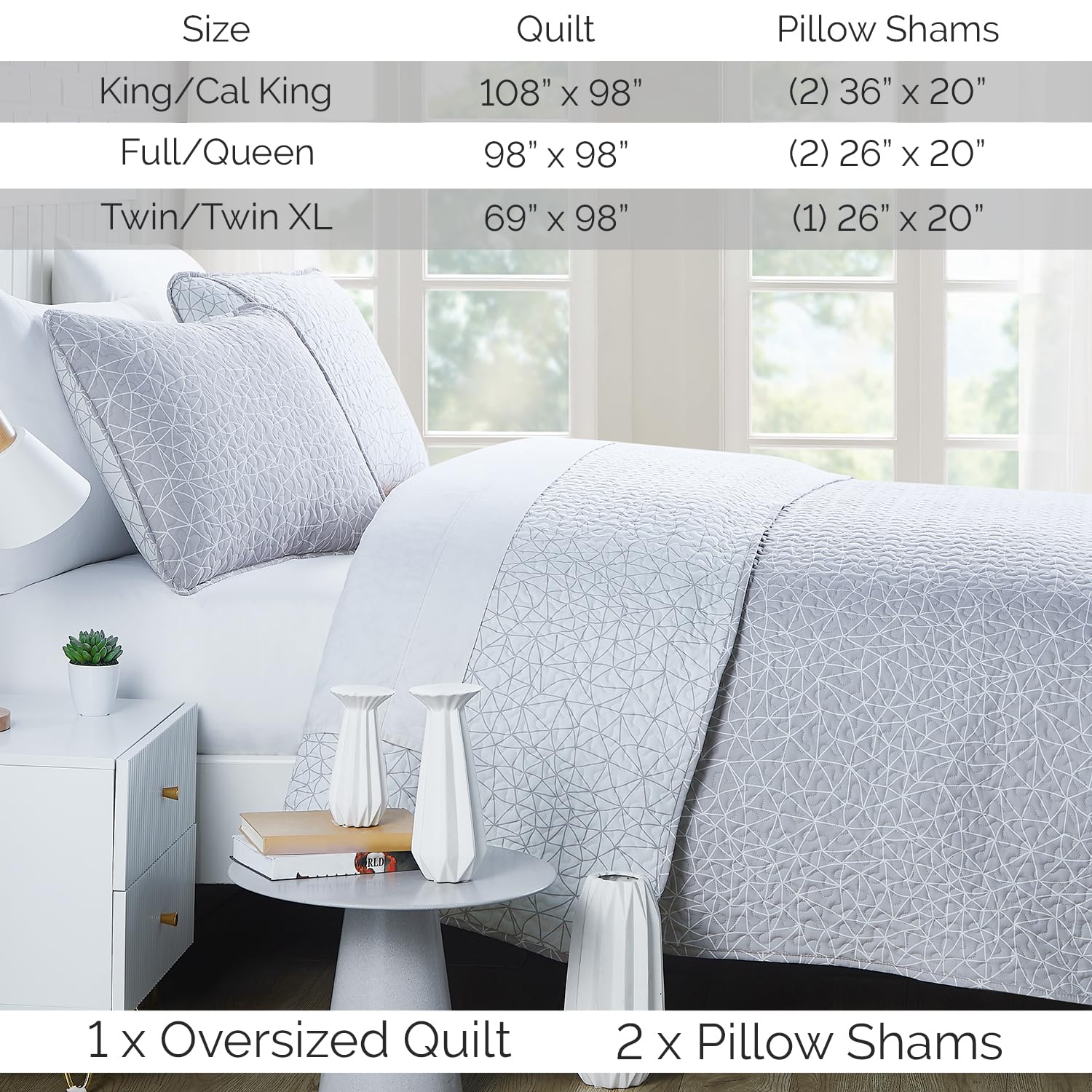 Southshore Fine Living Farmhouse Bedspread - Full/Queen Size 3-Piece Quilt Set with Reversible Grey Geometric Design & Matching Pillow Shams | Lightweight Coverlet for Bedroom Decor | Perfect for Guest Rooms, Master Bedrooms & Cozy Farmhouse Style Homes