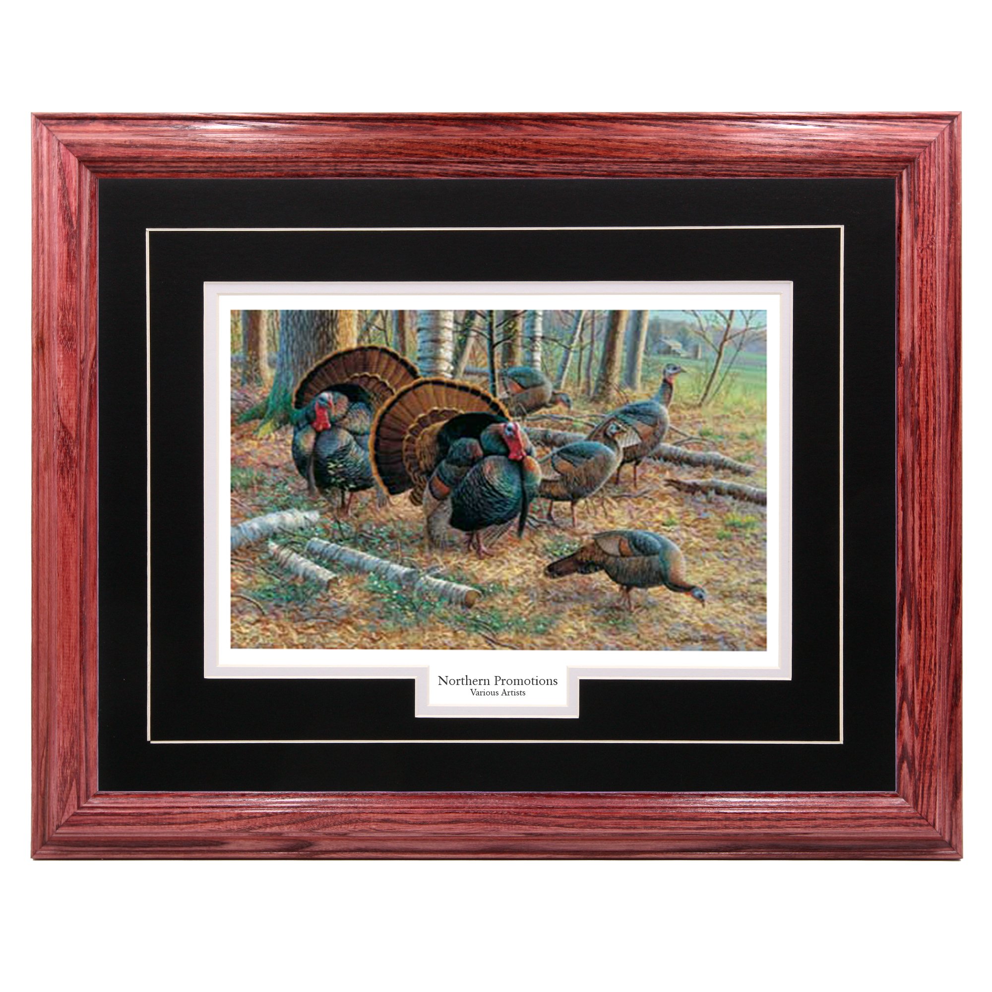 Turkey Spring Strut Wall Art - Hardwood Framed Wildlife Hunting Decor Painting with Cherry Frame & Black Mat - 17x21 Inches - Perfect for Cabin, Lodge, or Home Office Decor