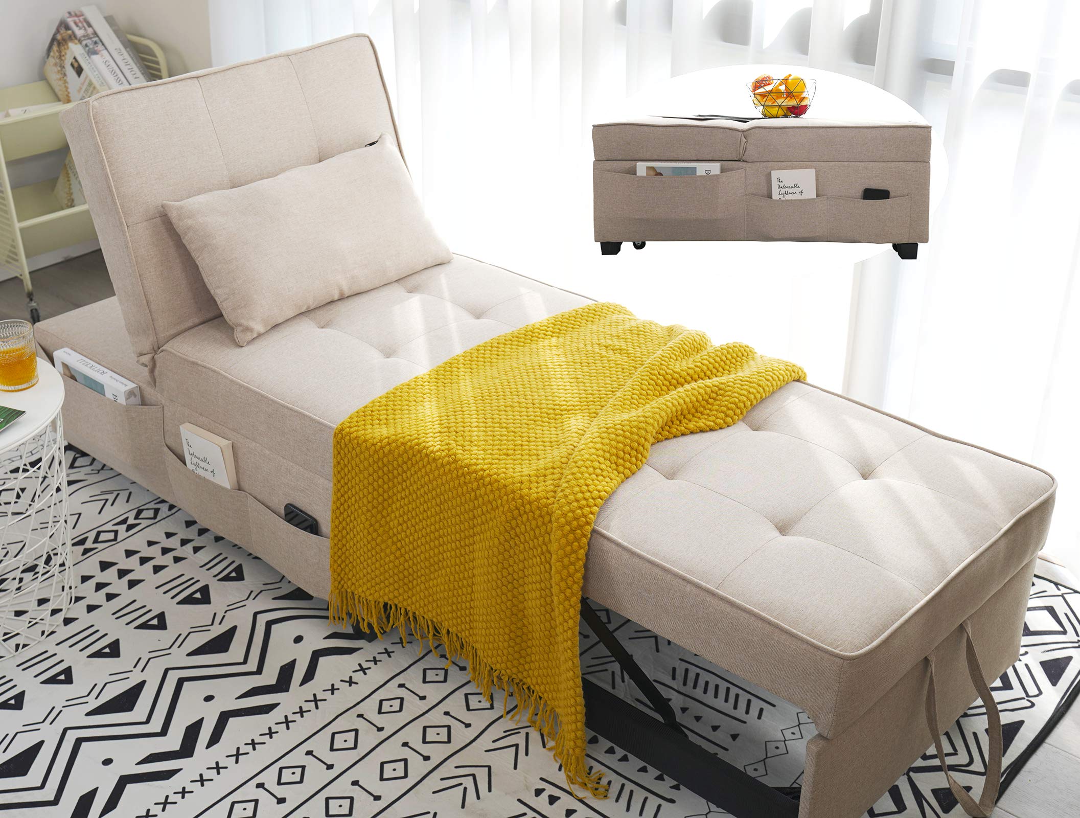 Zenosyne 4-in-1 Convertible Sleeper Chair Bed Ottoman - Adjustable Folding Guest Bed with Linen Fabric & Lumbar Pillow | Multi-Functional Futon for Living Room, Bedroom & Small Space (Beige)
