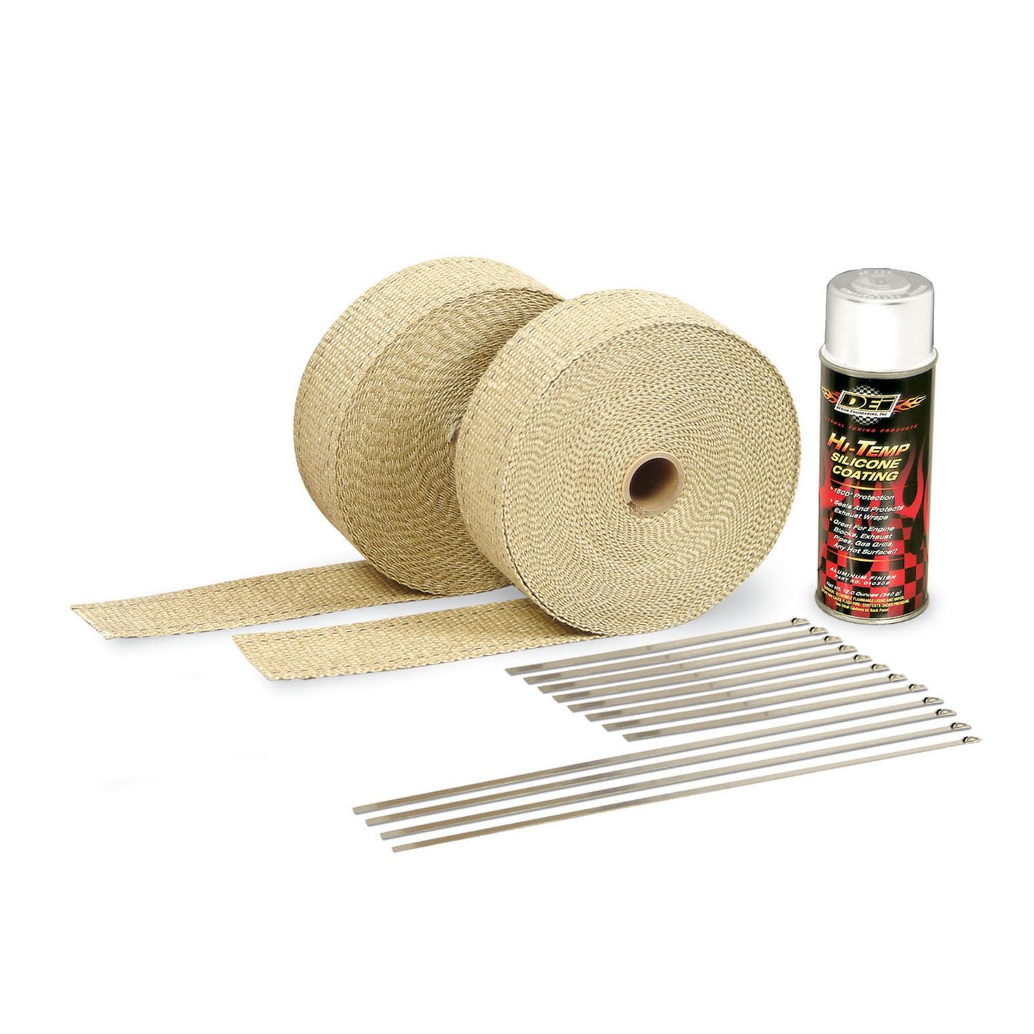 High-Temperature Exhaust Header Wrap Kit with Heat-Resistant Silicone Coating Spray - Tan Wrap & White Spray for Automotive, Motorcycle & Performance Engine Protection