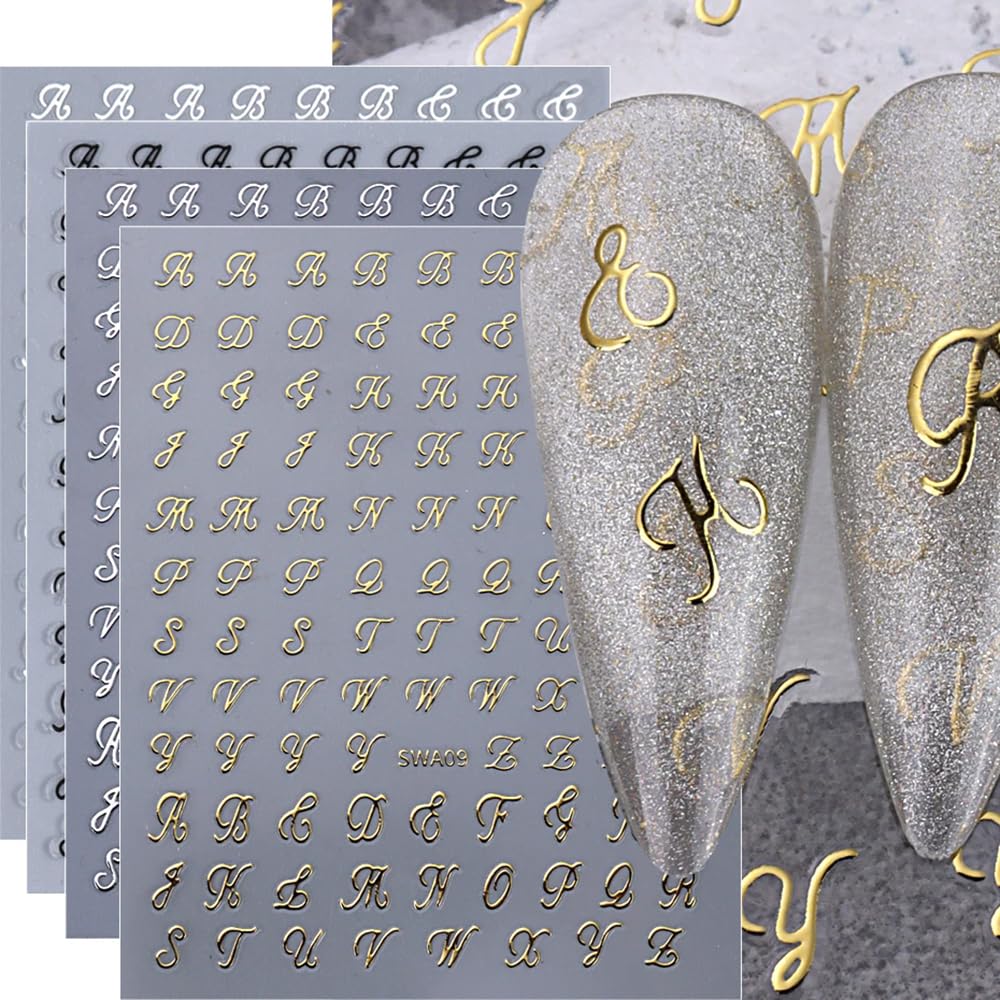 3D Old English Letter Nail Stickers - 8 Sheets Gold Silver Black White Retro Nail Decals for Women & Girls Manicure