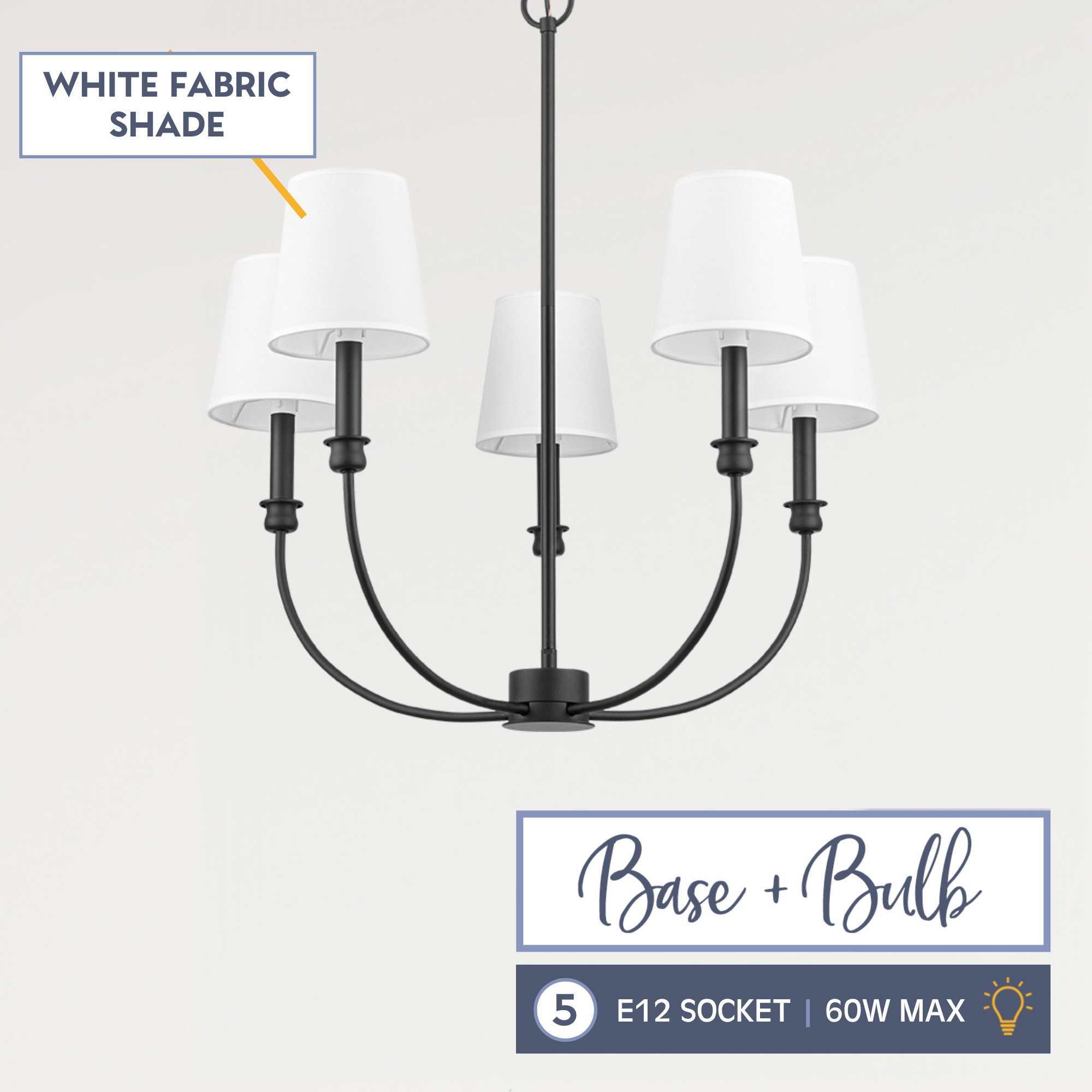 5-Light Billet Chandelier in Matte Black with Fabric Shades - Perfect for Dining Room, Living Room, and Bedroom Lighting