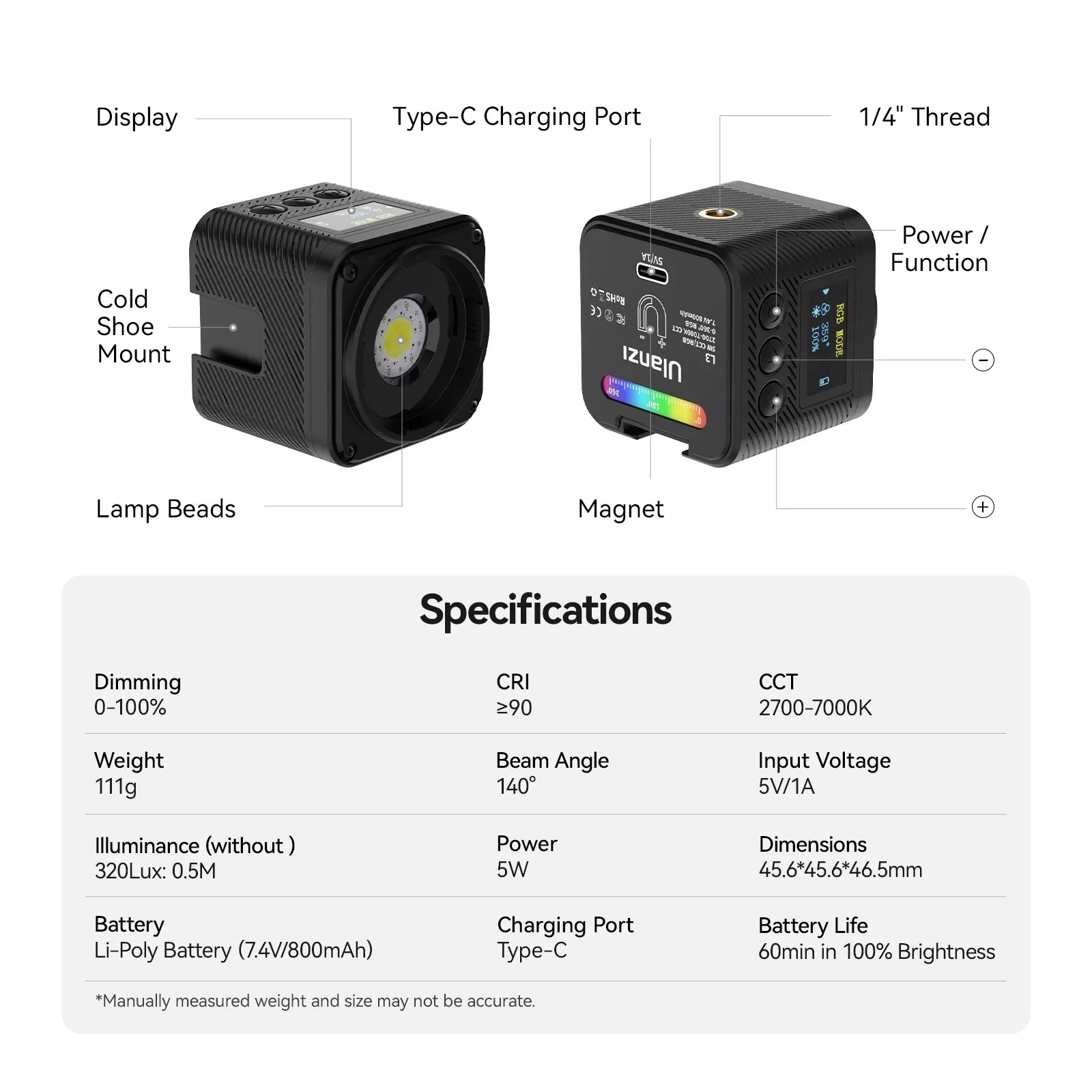 Ulanzi L3 RGB LED Video Light - 3200K-5600K Adjustable, 2600mAh Battery, Portable Lighting for YouTube, Vlogging, Photography, Live Streaming & Content Creation