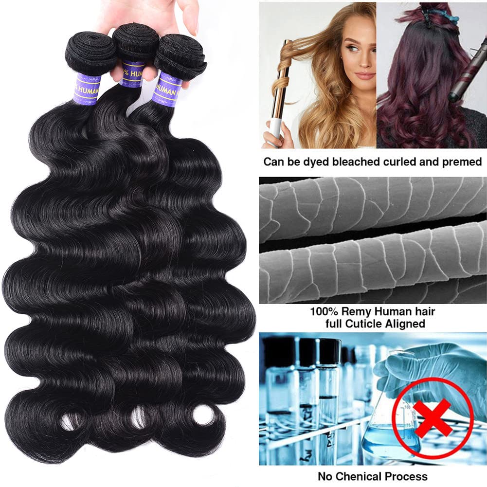 100% Brazilian Virgin Human Hair Bundles with Lace Closure - Body Wave Weave (16