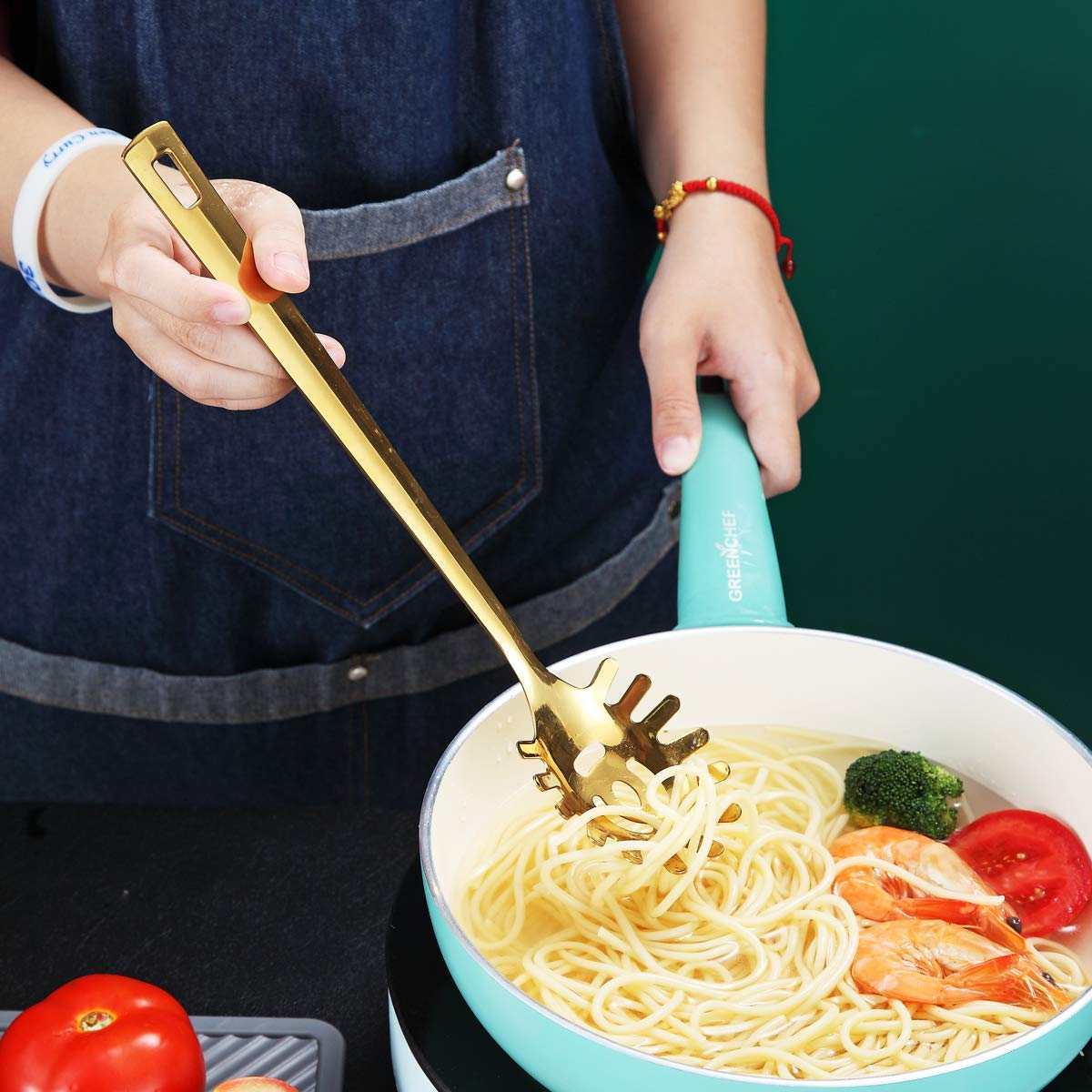 Premium Titanium Gold-Plated Spaghetti Spoon - Berglander Stainless Steel Pasta Server & Noodle Fork for Cooking - Dishwasher Safe & Easy to Clean - Perfect for Italian Dinners, Pasta Parties & Gourmet Kitchens
