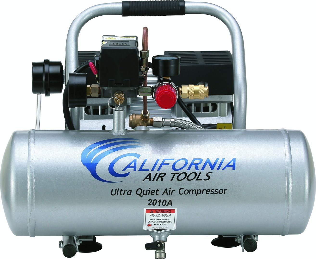California Air Tools 2010A Ultra Quiet Oil-Free 1.0 HP Air Compressor - 2.0 Gallon Aluminum Tank (Silver) | Includes Hybrider Flex 1/4in 25ft Hybrid Air Hose with Quick Connect Fittings | Perfect for Home Garage, DIY Projects & Professional Workshops