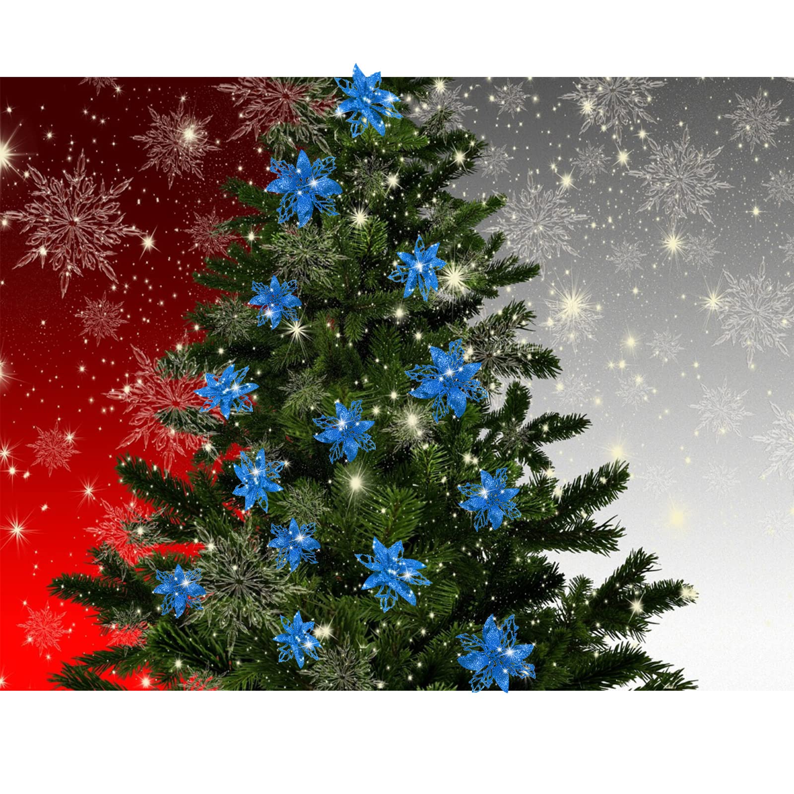 24-Piece Blue Glitter Artificial Poinsettia Flowers - Christmas Tree Decorations, Wedding Centerpieces, Holiday Home Decor & New Year Party Ornaments - Perfect for Xmas Wreaths, Gift Wrapping & Festive Tablescapes