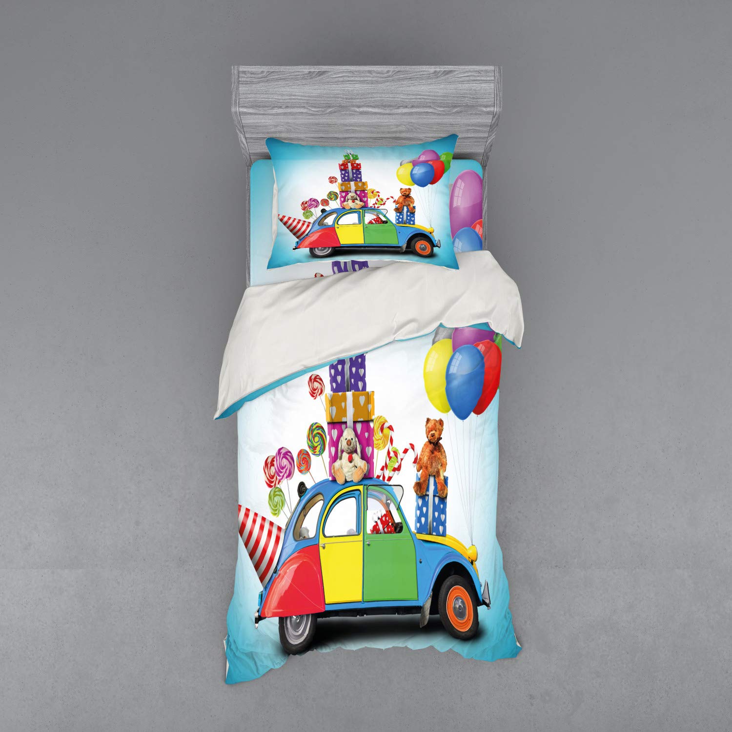 Ambesonne Colorful Car Birthday Bedding Set - 3 Piece Duvet Cover with Sham & Fitted Sheet, Twin XL Size, Multicolor Toy Car & Celebration Theme - Perfect for Kids' Birthday Parties & Holiday Decor