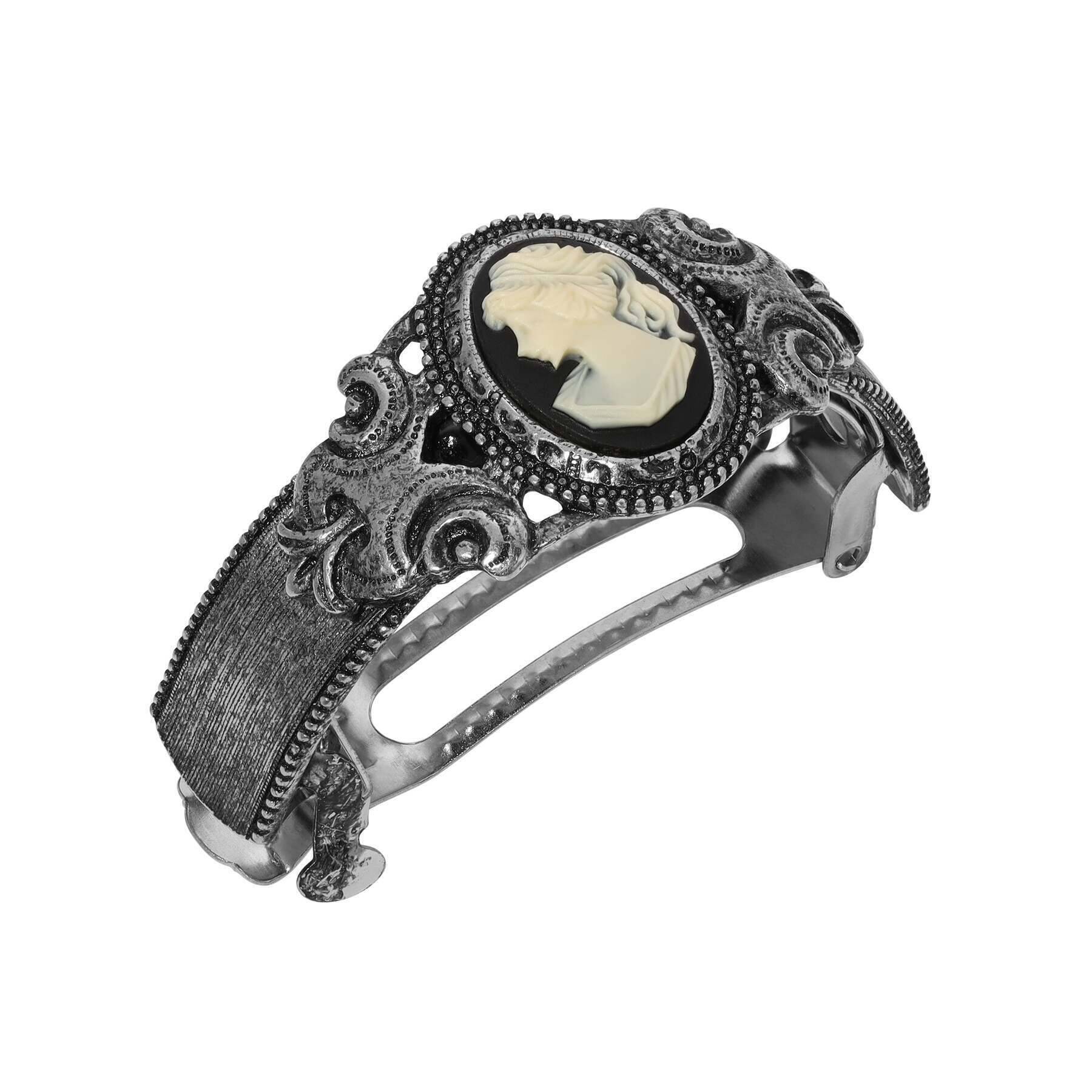 1928 Vintage Black and Ivory Cameo Ponytail Holder - Elegant Hair Accessory for Women, Bridal, and Formal Events