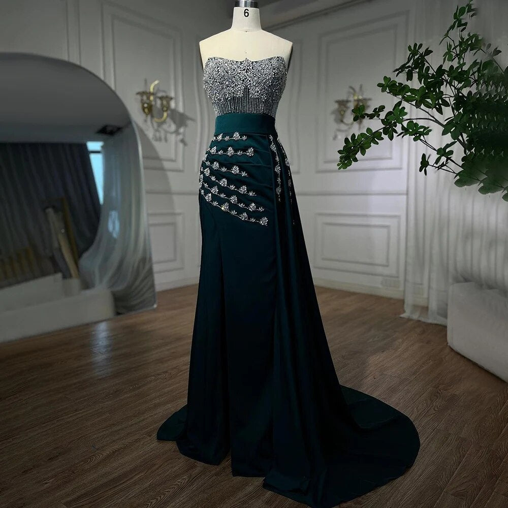 Elegant Strapless Crystal Beaded Mermaid Evening Gown with High Split & Skirt for Women - Perfect for Prom, Wedding, and Formal Parties 2025