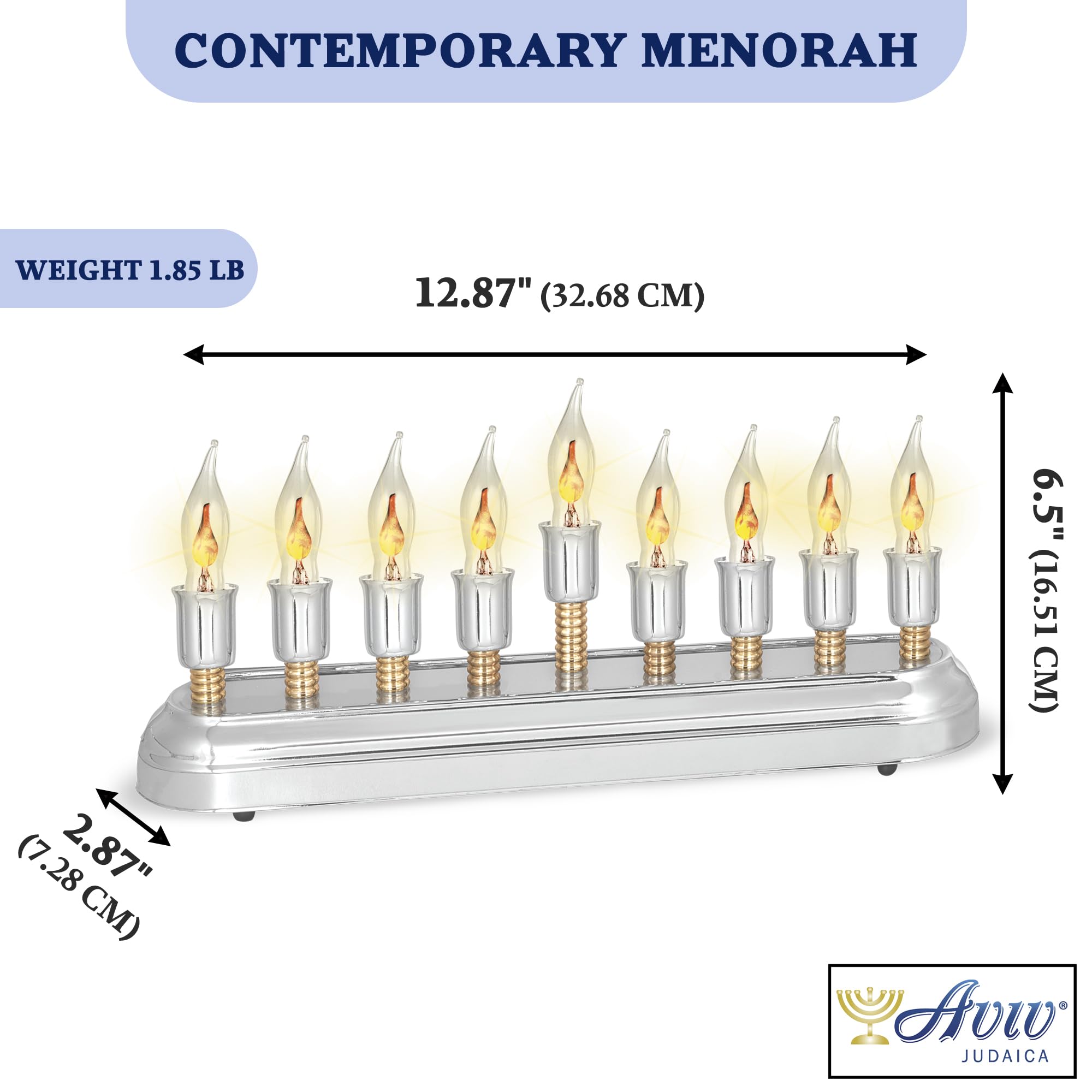 Modern Electric Hanukkah Menorah - Stainless Steel Hanukkiah with Flickering LED Bulbs, Horizontal Electronic Menorah for Chanukah - Flameless Candles & Hanukkah Lights Decor for Home, Synagogue & Office Celebrations