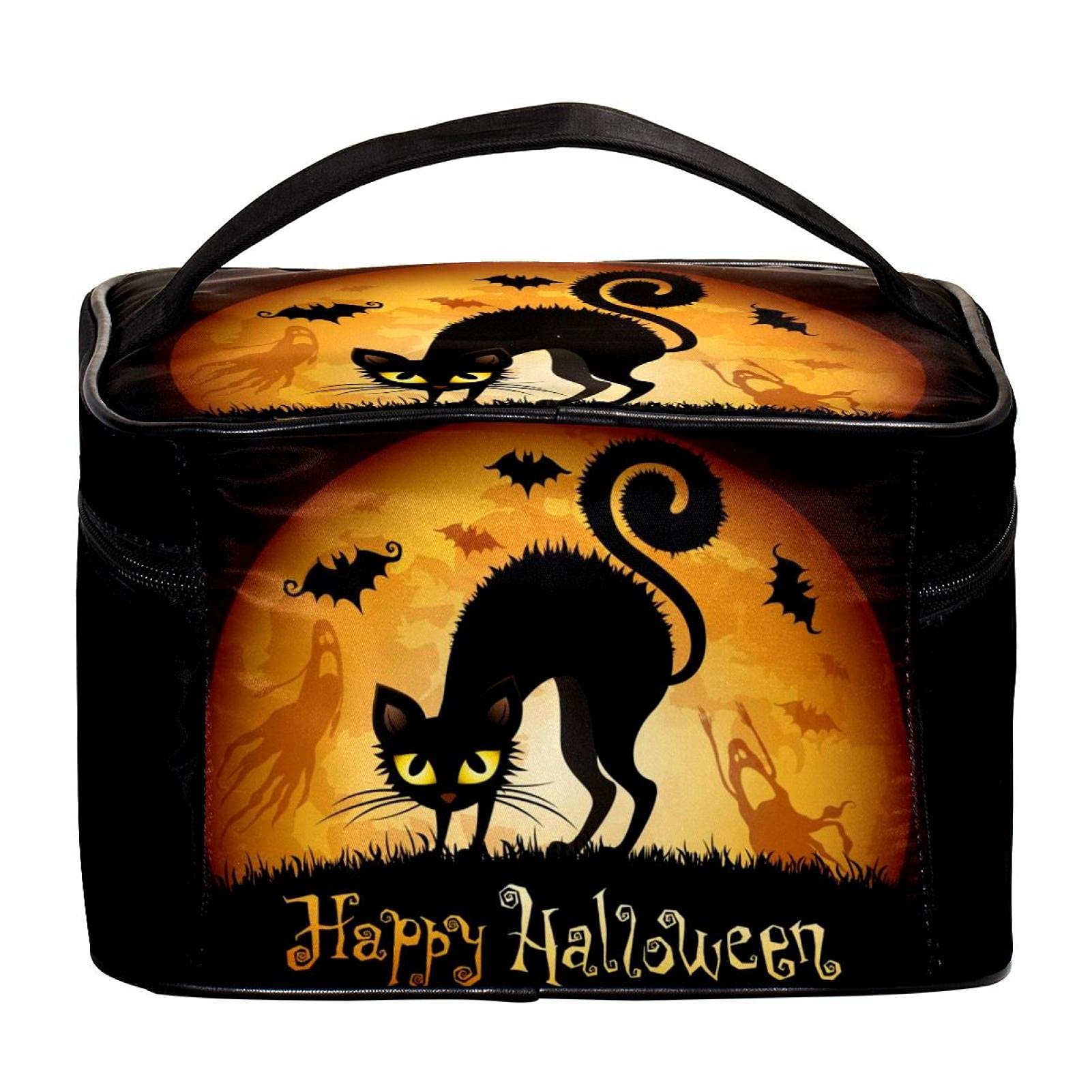 Halloween Black Cat & Bat Travel Makeup Bag - Large Cosmetic Organizer with Zipper, Toiletry Pouch for Women & Girls | Perfect for Travel, Gym, and Daily Essentials Storage