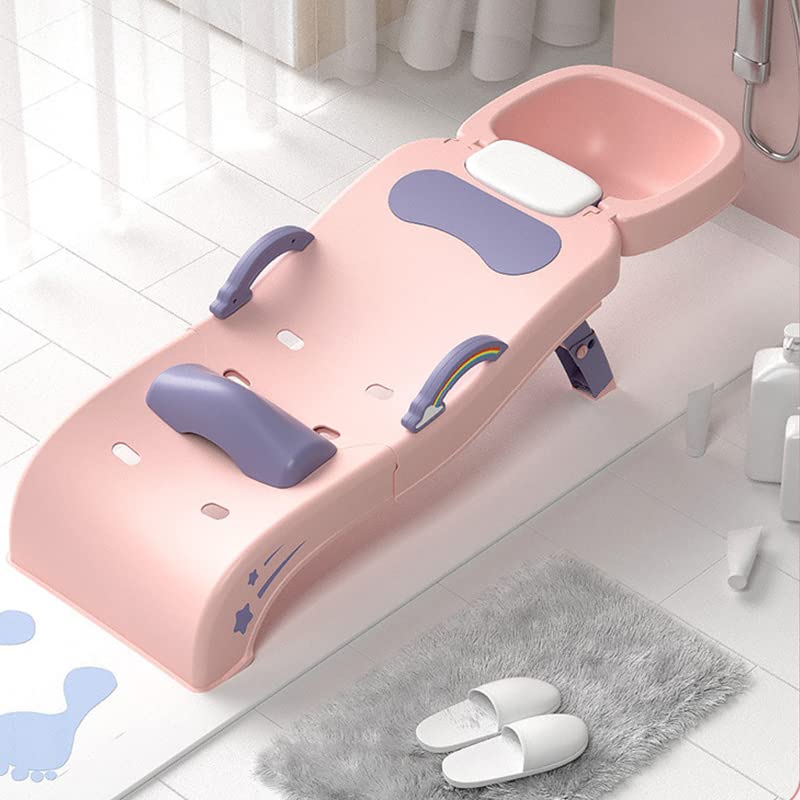 **KOSDFOGE Kids Hair Washing Chair - Portable Foldable Stretchable Children Shampoo Bed for Infants & Toddlers, Comfortable & Stable Hair Washing Station (Luxury Cherry Blossom Pink with Shampoo Basin) - Perfect for Home, Salon & Travel Use**
