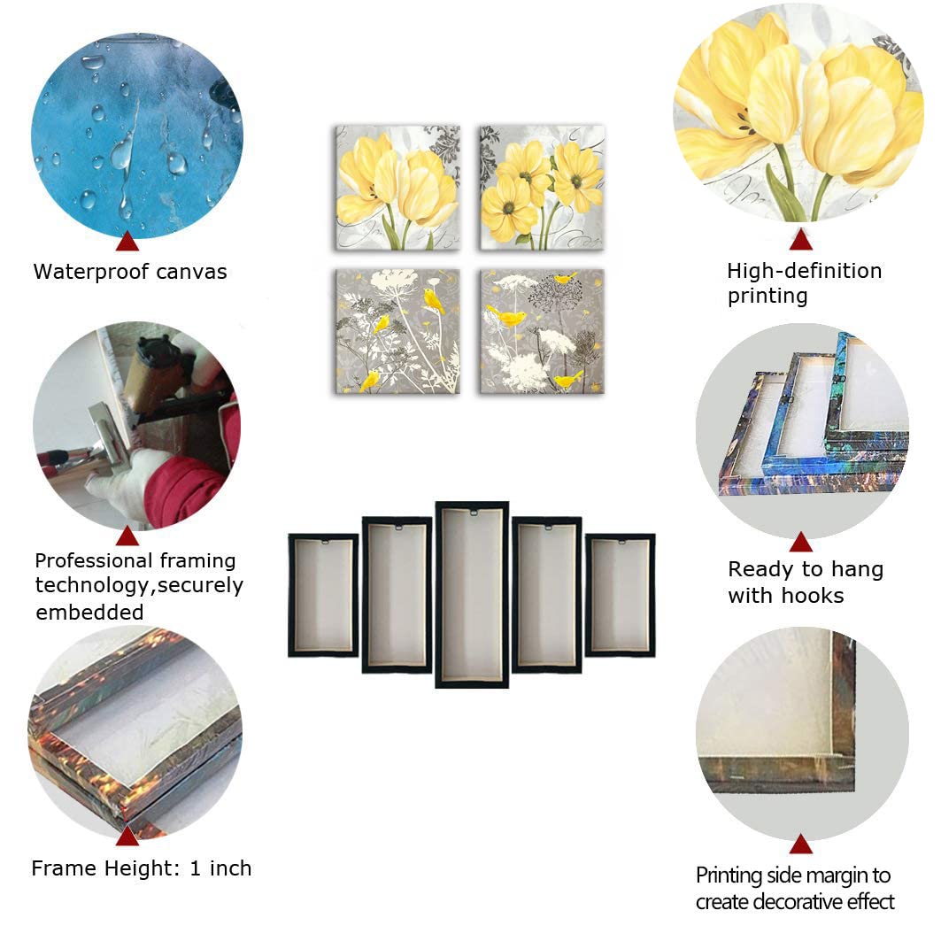 Yellow and Gray Floral Canvas Wall Art - 4 Panel Framed HDQ Picture for Bathroom Decor | Perfect for Home, Office & Spa Interior Design