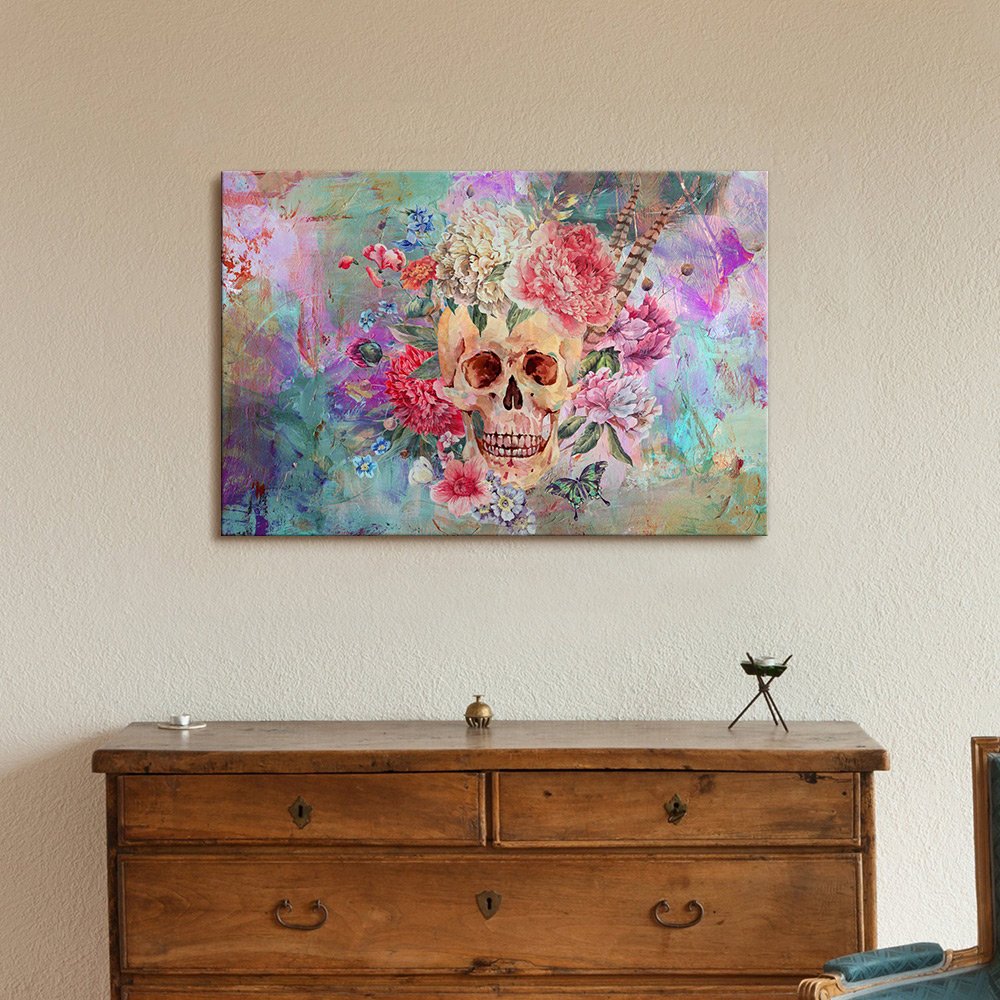 Wall26 - Skull and Roses Abstract Canvas Wall Art Print - 12x18 Inches Modern Home Decor - Ready to Hang Gallery Wrapped Painting for Living Room, Bedroom & Office