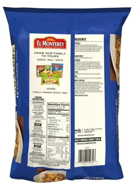 El Monterey Signature Shredded Steak, Cheese & Rice Burritos - 12 Count (57.6 oz) Frozen Burritos for Quick Meals, Lunch & Dinner - Perfect for Busy Families, Office Lunches & Emergency Food Storage