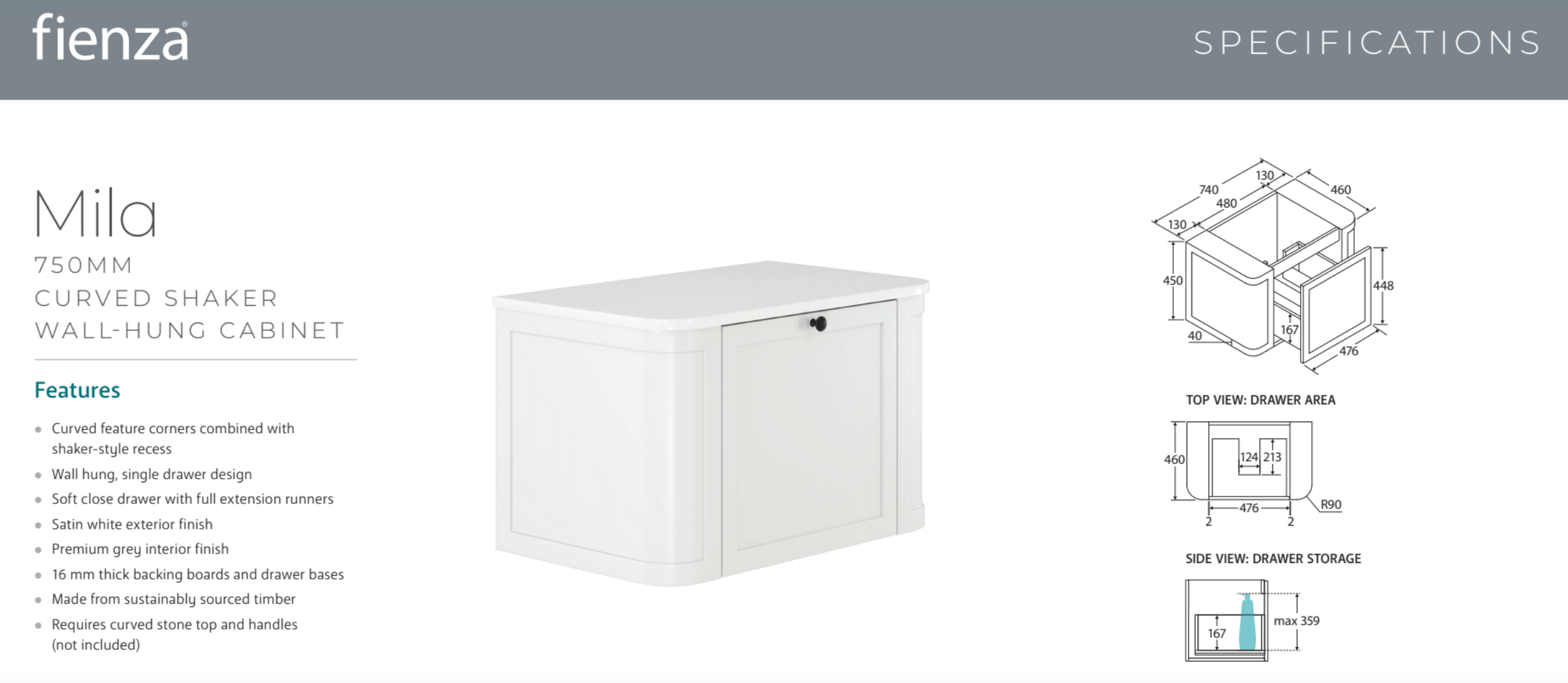 Fienza 75CM Mila Curved Satin White 750 Wall Hung Bathroom Vanity Cabinet - Perfect for Modern Bathroom Storage & Organization