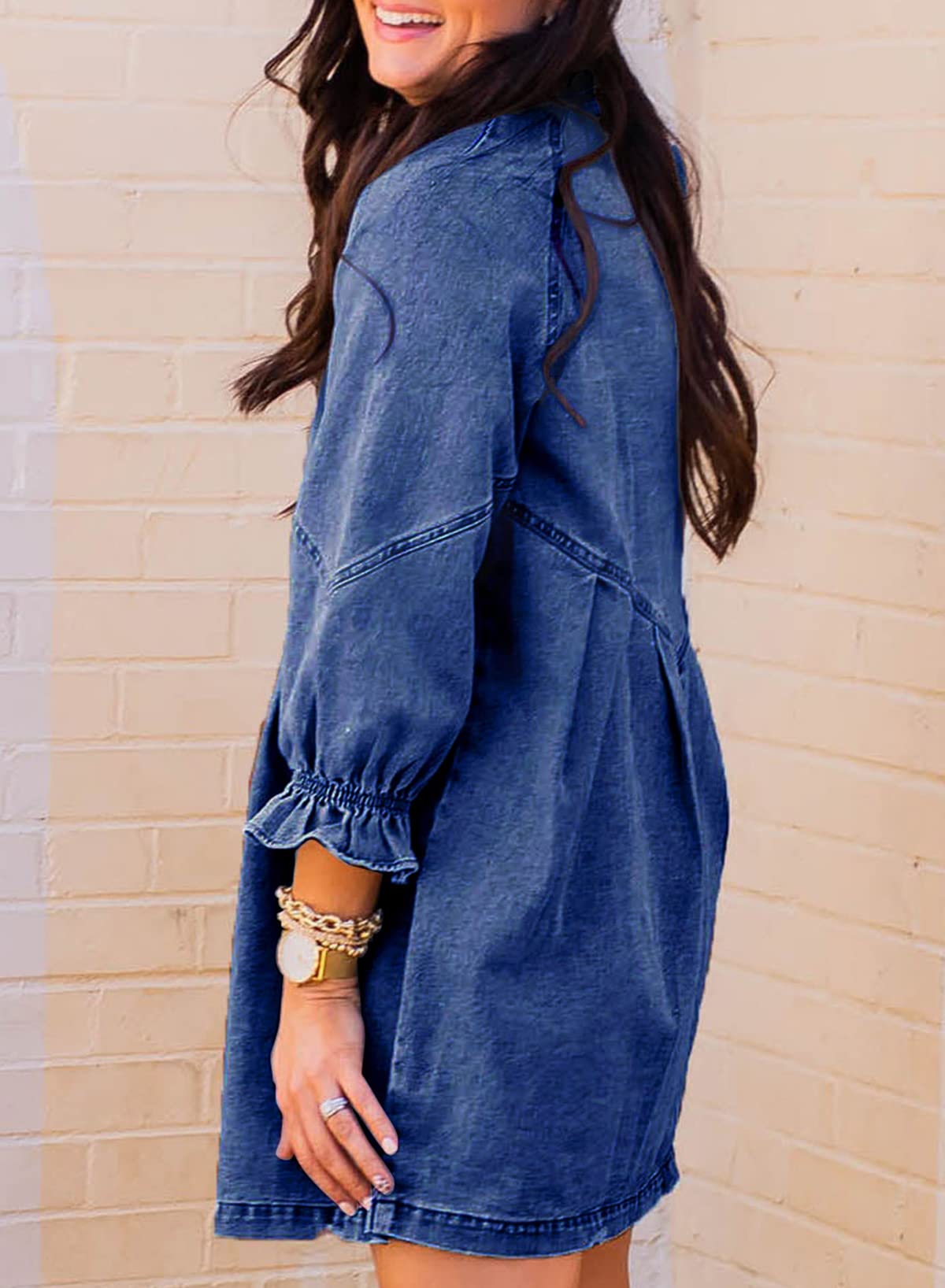 Sidefeel Women's Smocked 3/4 Sleeve Button Down Denim Jean Dress - Casual Summer Outfit for Brunch, Shopping & Date Night