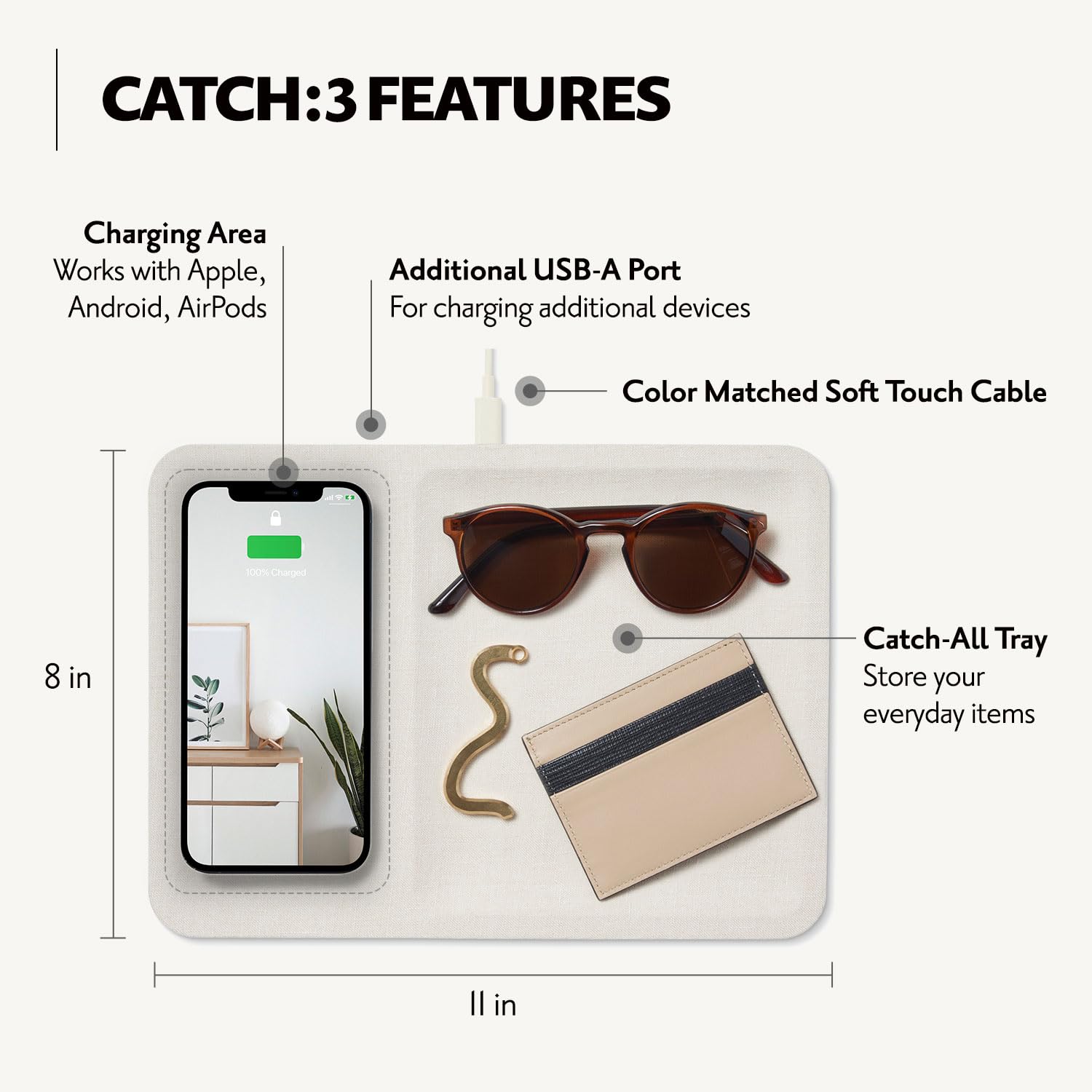COURANT Catch:3 Belgian Linen Wireless Charging Station & Valet Tray (Natural) - Fast Qi-Certified Charger for iPhone 16/15/14/13/12/11/X/SE, Galaxy S24/S23/S22/S21/S20/Note, AirPods Pro - Nightstand Organizer with Phone Holder & Jewelry Storage