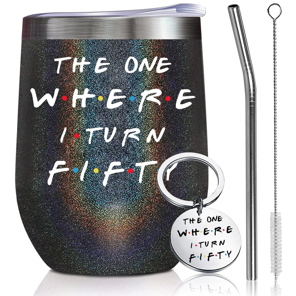 50th Birthday Gifts for Women - Happy 50 Year Old Birthday Presents - 12oz Wine Tumbler with Keychain - Best Gift for 1973 Born Bestie, Sister or Friend - Perfect for Celebrations, Parties & Daily Use