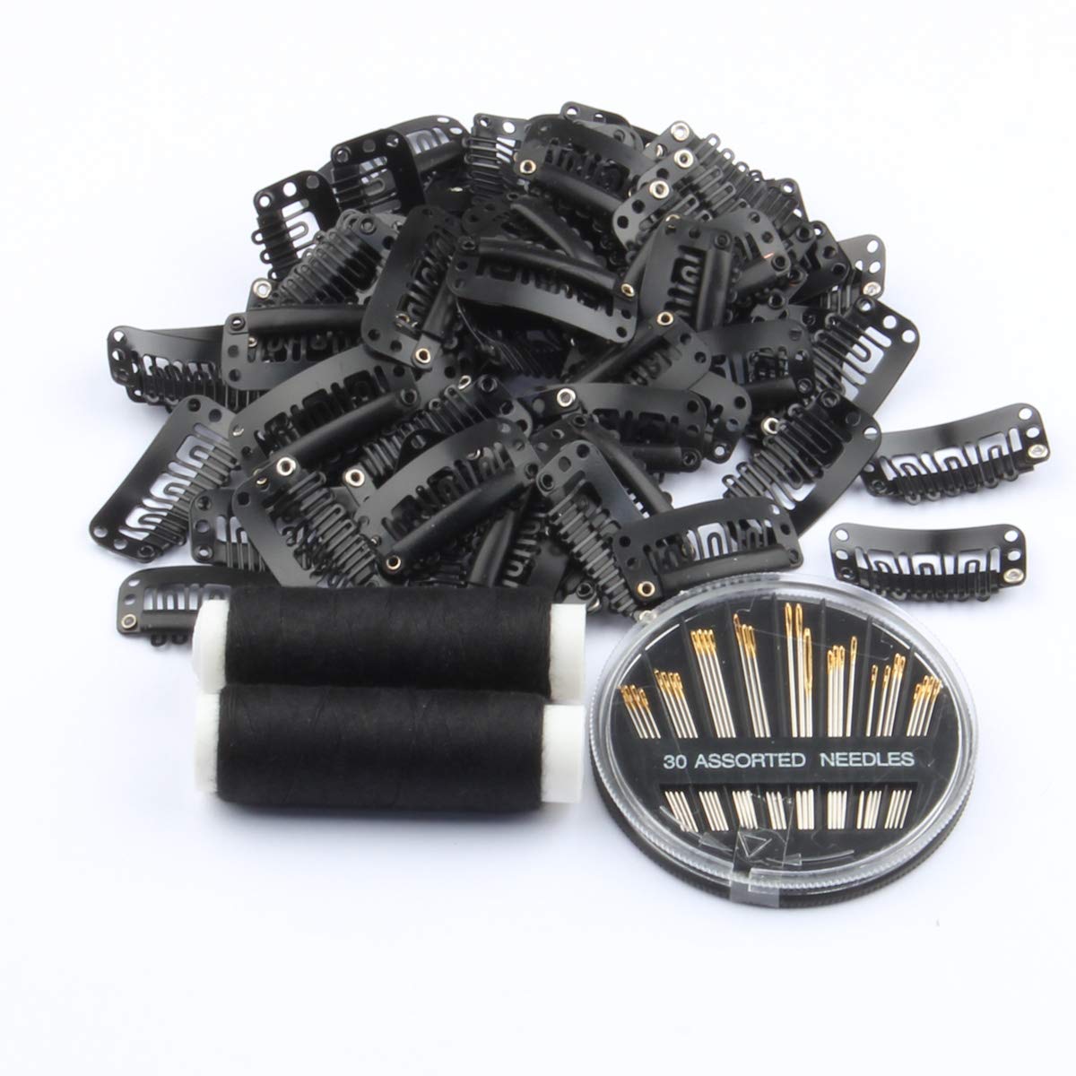 YUXIANG 50pcs 32mm Wig Clips for Hair Extensions - Snap Clips with Thread & Needles (Black) | Secure Hairpiece Attachment for Cosplay, Costumes & Daily Styling