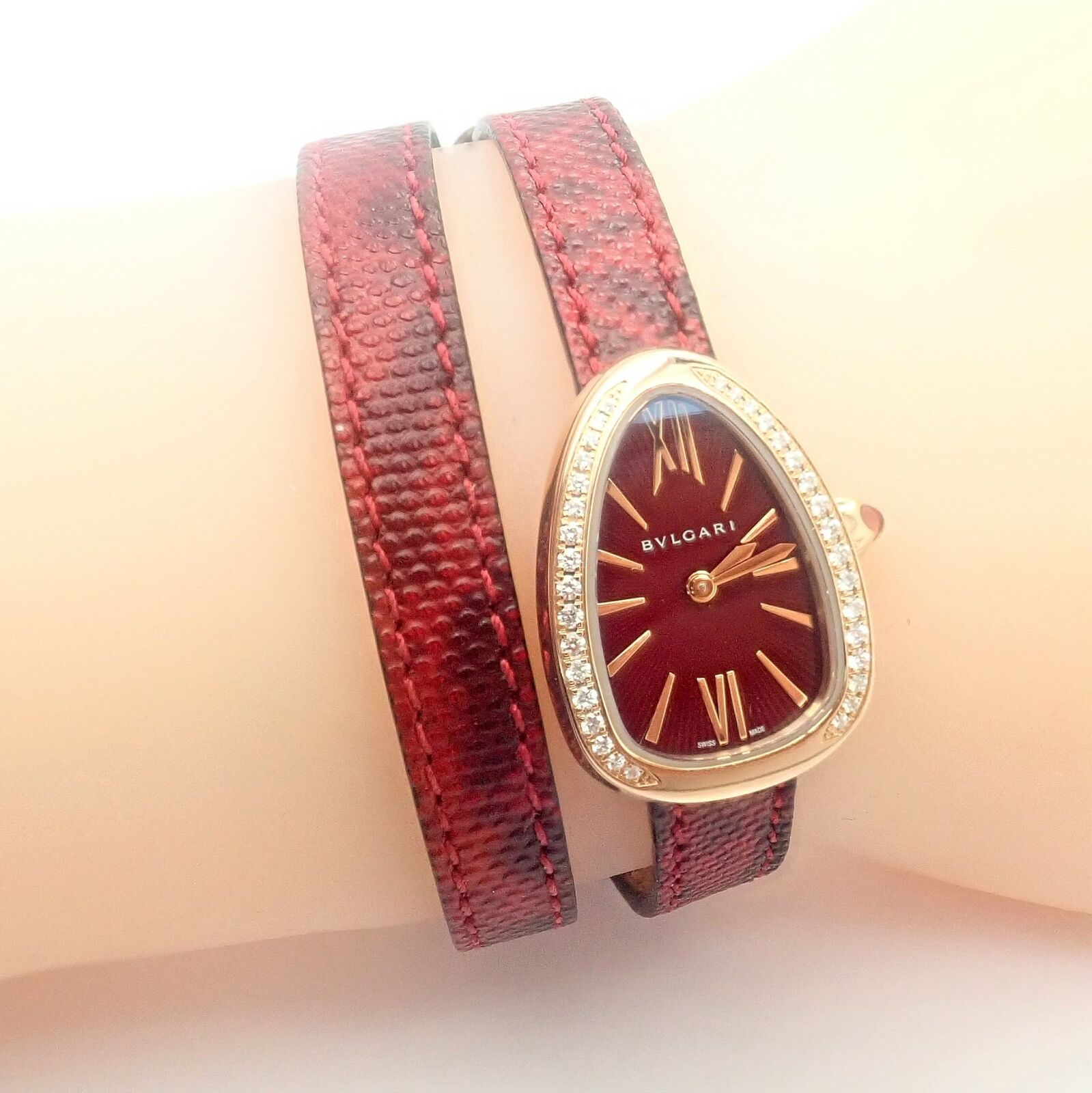 Bulgari Serpenti 18k Rose Gold Diamond Tubogas Watch with Red Snake Band & Tool - Luxury Women's Jewelry for Gifts & Special Occasions