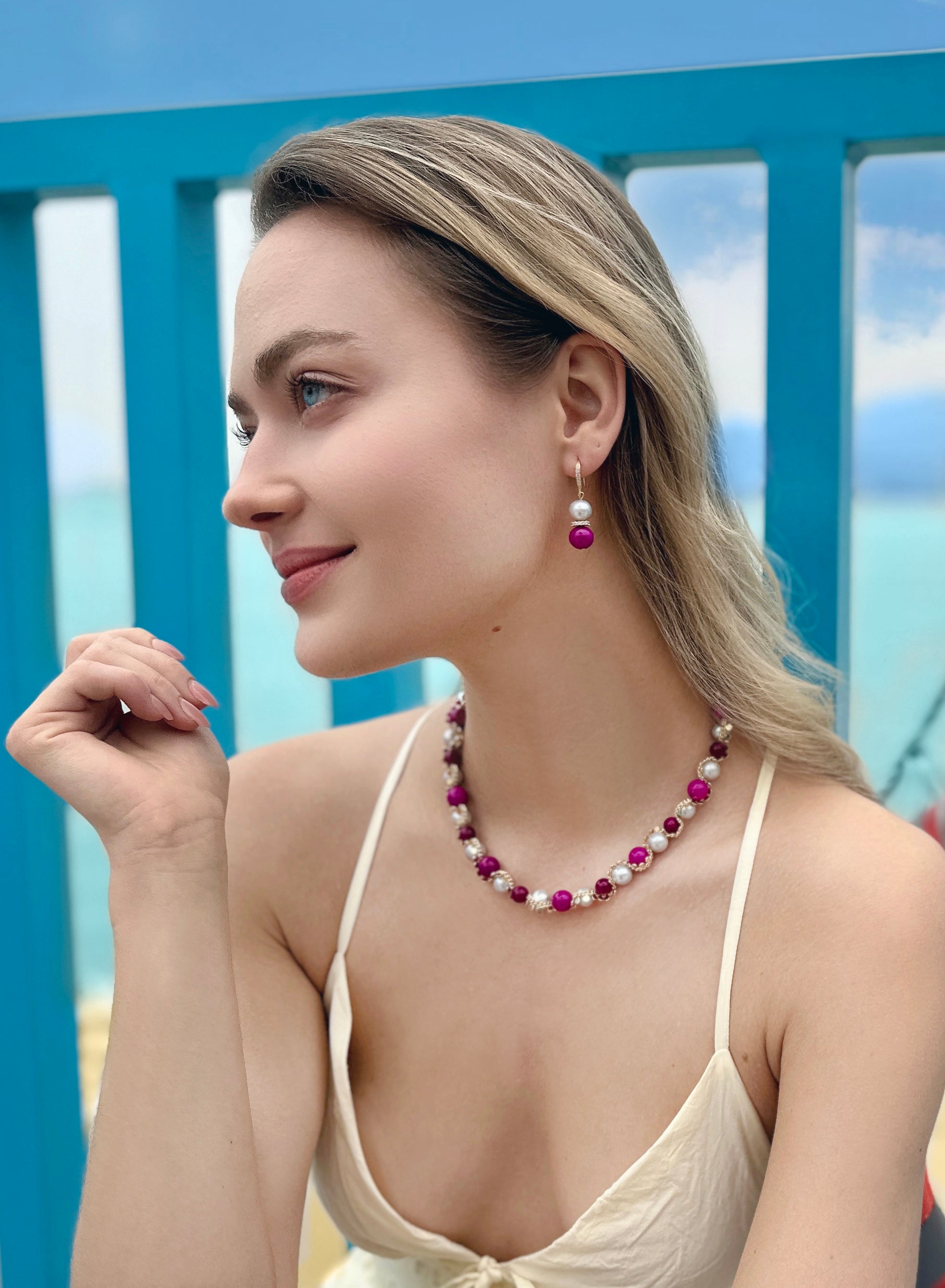 Elegant Gray Freshwater Pearl & Magenta Gemstone Stud Earrings LE012 – Perfect for Weddings, Parties & Special Occasions