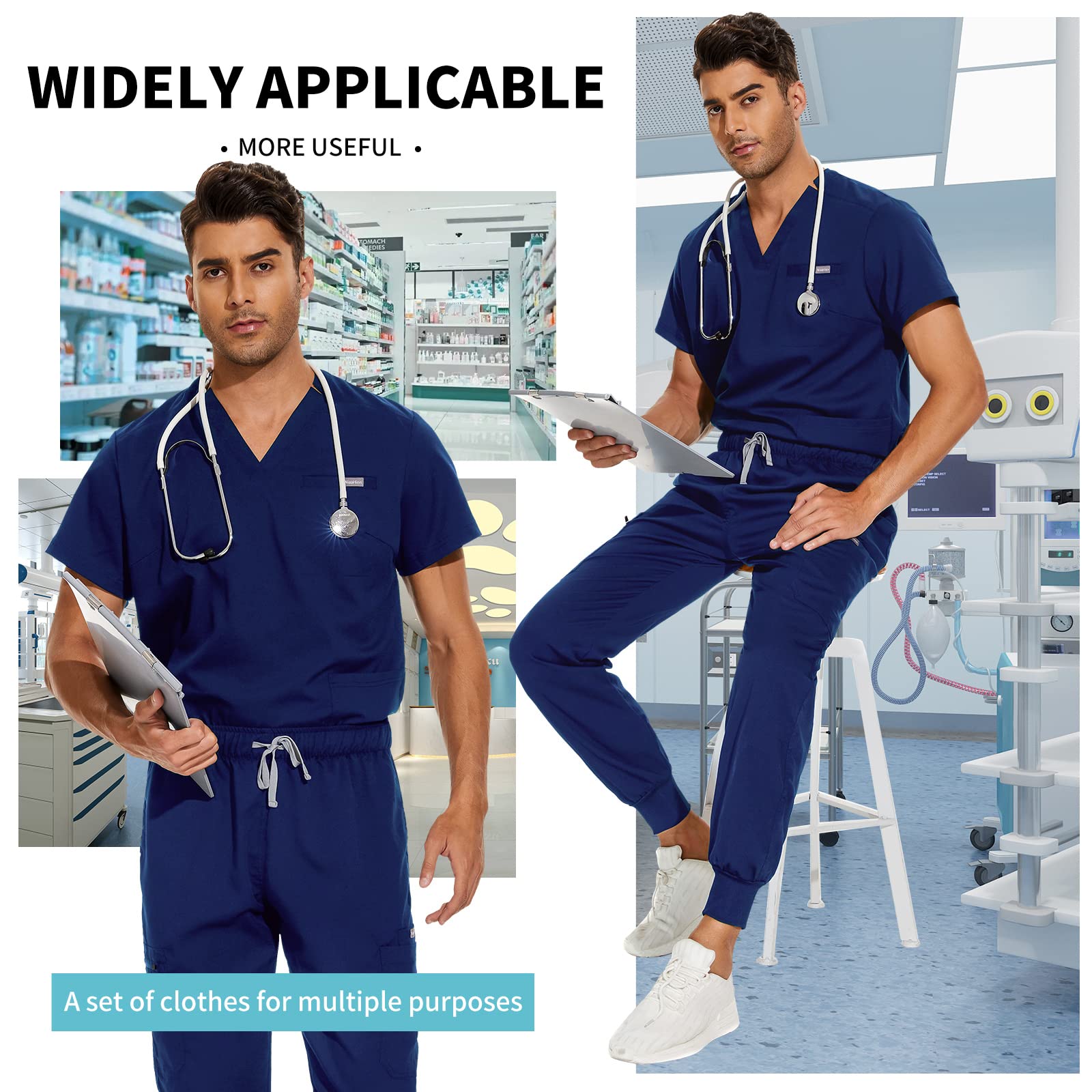 VIAOLI Men's Scrubs Set - V-Neck Scrub Top & Jogger Pants with 8 Pockets | Medical Uniform for Nurses, Doctors & Healthcare Professionals | Comfortable Workwear for Hospital, Clinic & Nursing Shifts