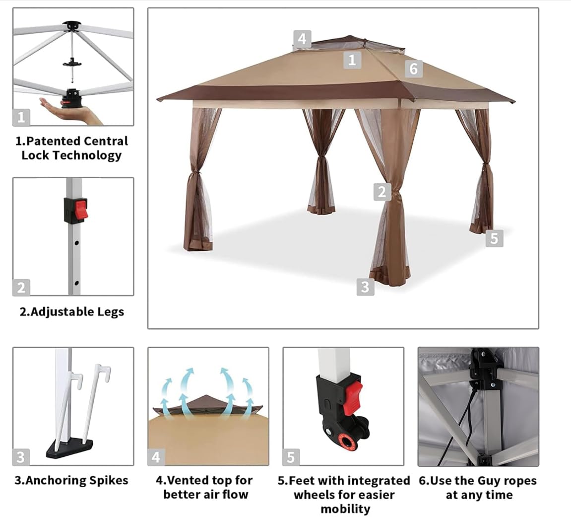 13x13 Pop Up Gazebo with Wheeled Carry Bag - Portable Canopy Tent for Outdoor Patio, Backyard, Camping & Beach - Waterproof Sun Shelter for Parties, Picnics & Events (Beige & Coffee)