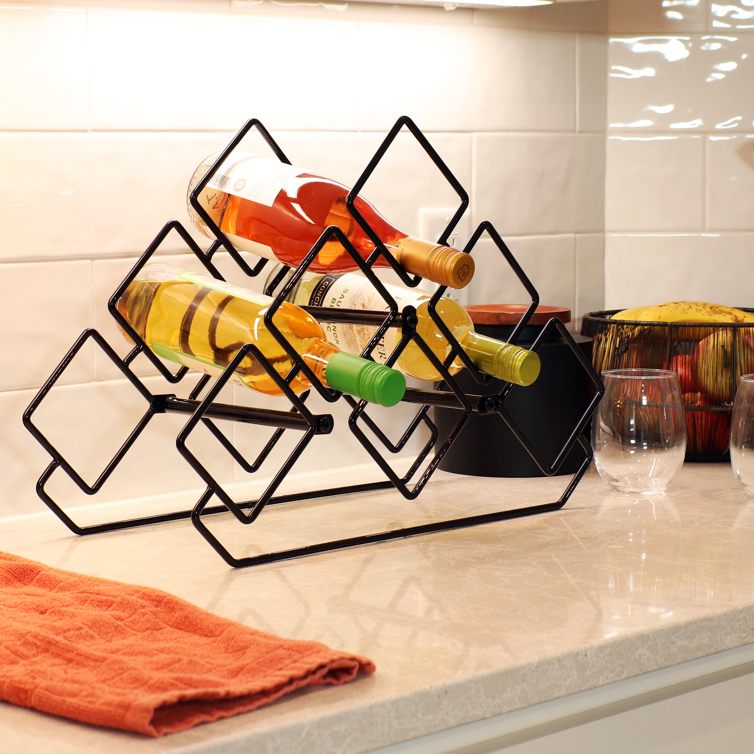 Sunnydaze 6 Bottle Steel Wire Triangular Tabletop Wine Rack - Compact Countertop Wine Holder for Kitchen, Bar, Dining Room & Party Decor