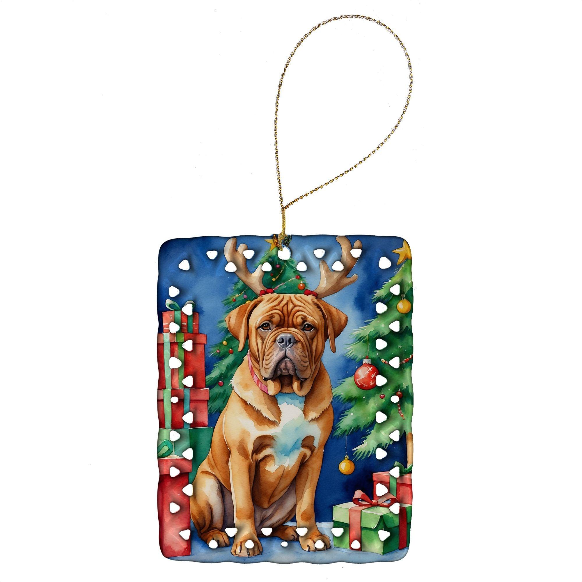Dogue de Bordeaux Christmas Reindeer Porcelain Ornament - Handmade Holiday Tree Hanging Decor for Home, Festive Rectangle Gift for Dog Lovers (Multicolor) | Perfect for Christmas Tree Decorations, Pet-Themed Holiday Gifts & Festive Home Decor
