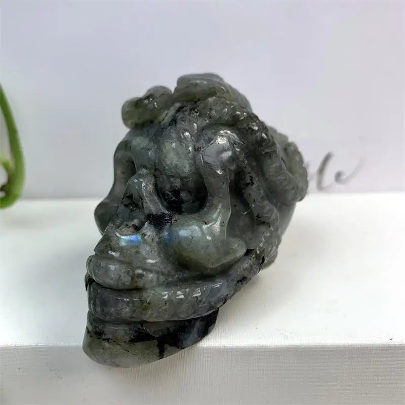 6cm Natural Labradorite Crystal Snake Skull Carving - Healing Energy Stone for Meditation & Home Decor | Unique Halloween Gift & Spiritual Decor (1 Piece) | Perfect for Altars, Crystal Collections & Gothic Decorations