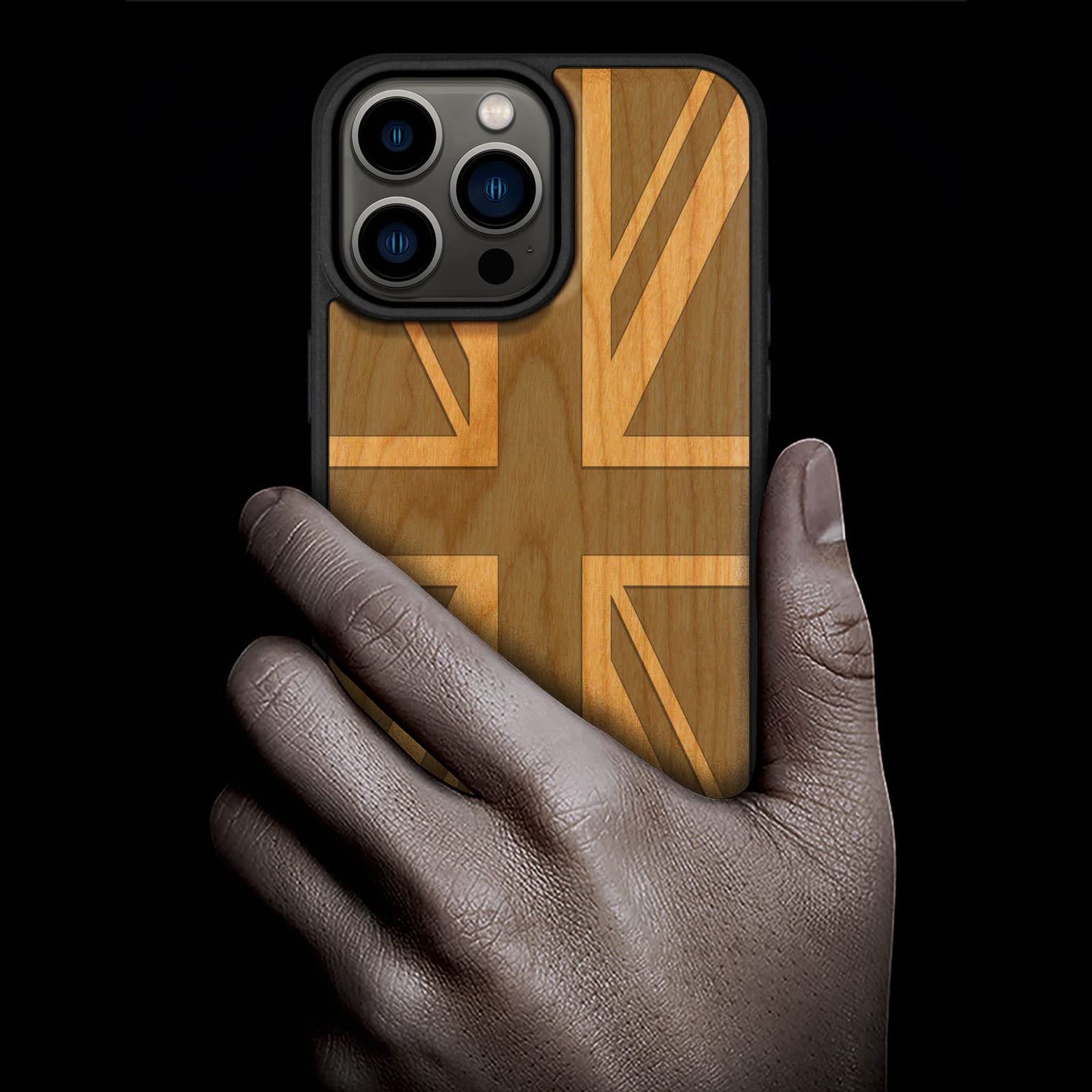 Carveit Magnetic Wooden Case for iPhone 14 Pro Max - Natural Wood & Black TPU Shockproof Protective Cover with Magsafe Compatibility | British Flag Cherry Design | Perfect for Outdoor Adventures & Business Meetings