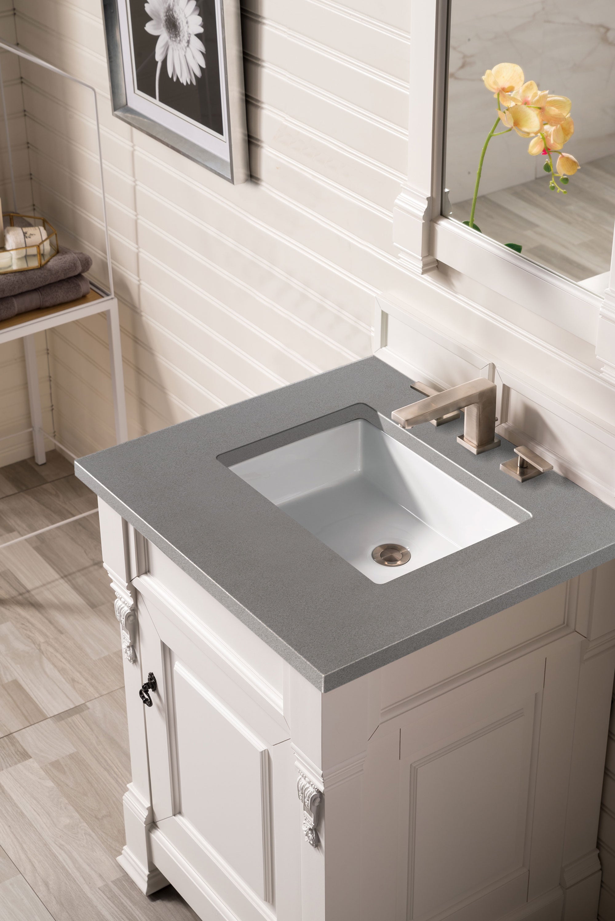 Brookfield 26 Inch Single Bathroom Vanity Set with Bright White Finish & 3CM Grey Expo Quartz Countertop - Perfect for Modern Home Bathroom Remodeling & Small Space Design