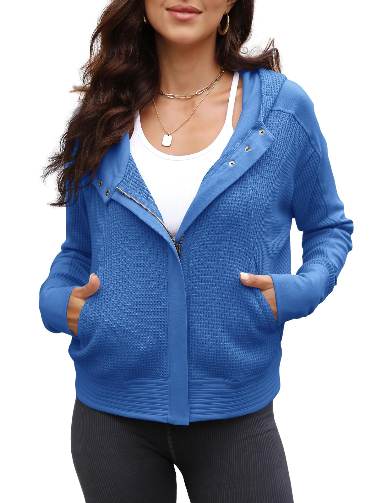 Yanekop Women's Waffle Knit Zip Up Hoodie Jacket - Long Sleeve Cropped Pullover for Fall & Winter | Casual Outerwear for Streetwear, Travel & Layering
