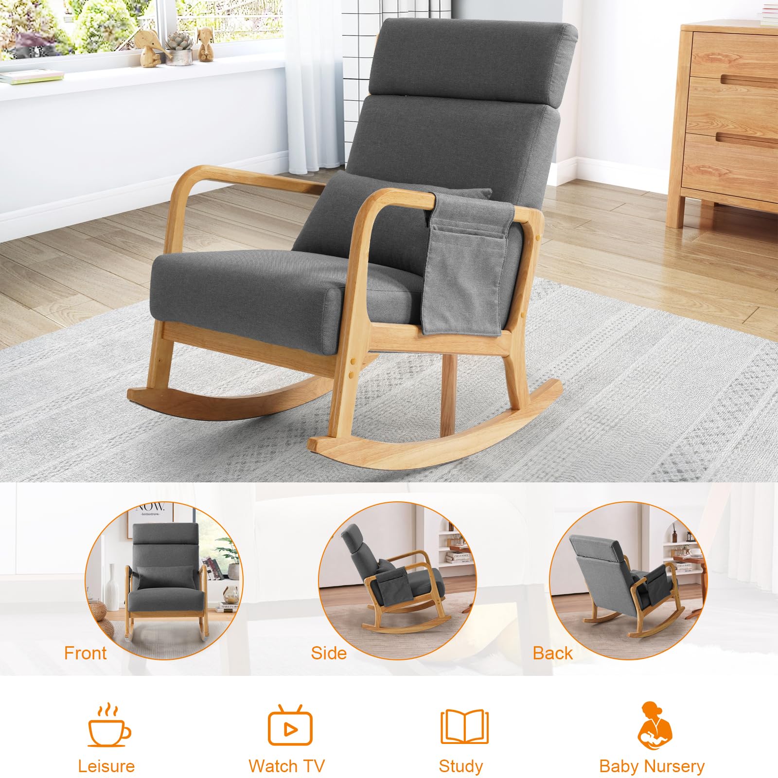 BEDHOURS Upholstered Nursery Glider Rocking Chair with High Backrest - Comfortable Armchair with Side Pocket & Pillow - Accent Chair for Living Room, Bedroom, Nursery (Light Gray) - Perfect for Breastfeeding, Reading & Relaxing