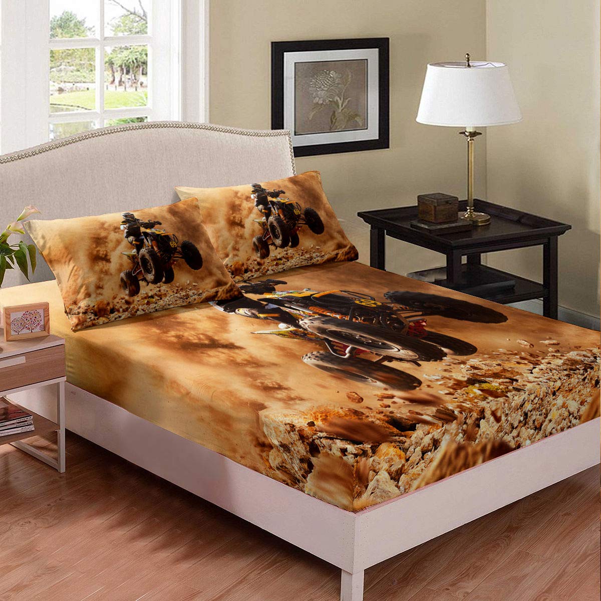 Motorcycle Fitted Sheet Set - Deep Pocket Twin Size with 1 Pillowcase - Soft Microfiber Off-Road Extreme Sports & Racing Car Theme Bedding - Perfect for Teen Boys' Room Decor and Dorm Essentials