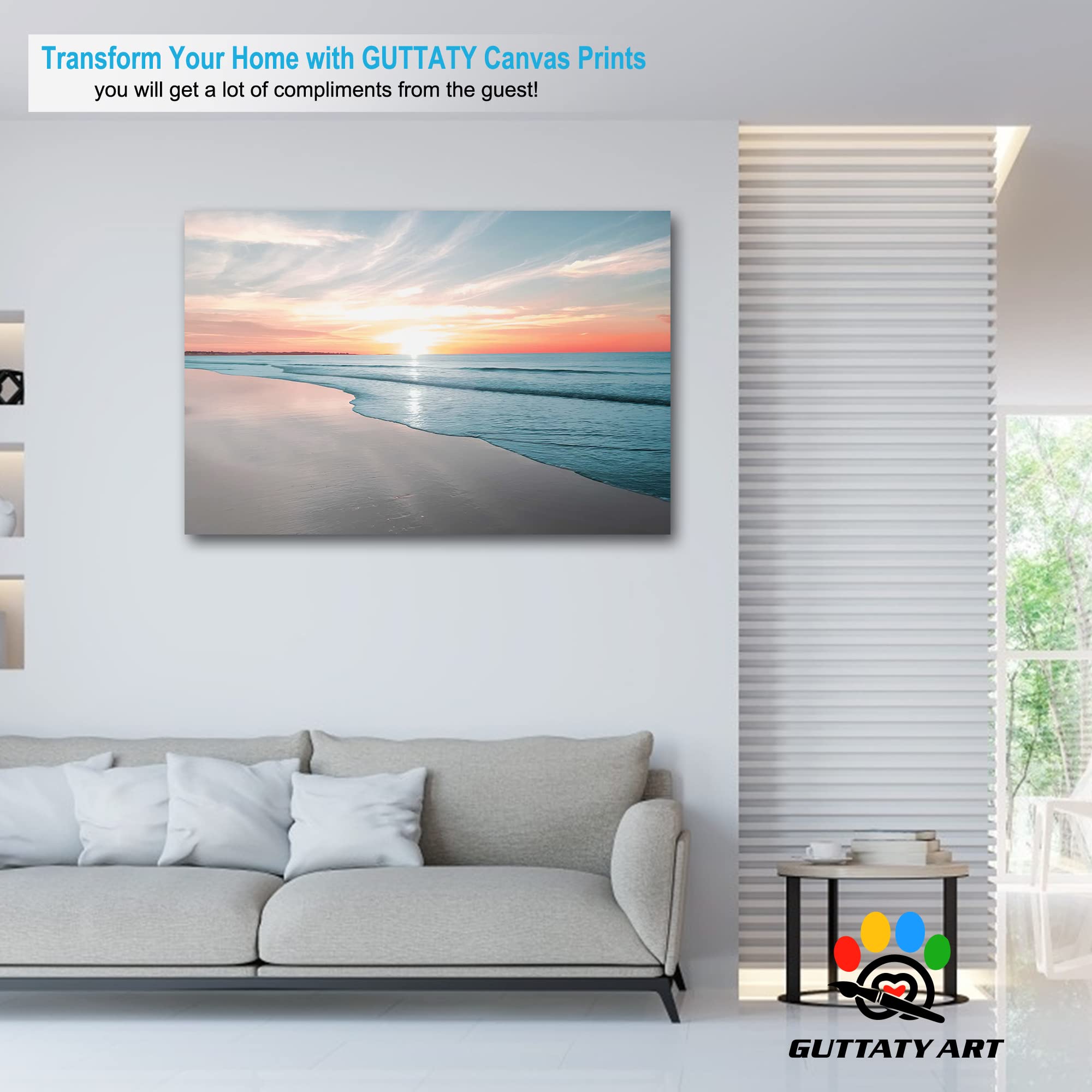 GUTTATY Large Sunrise and Beach Canvas Wall Art - Coastal Ocean Painting for Living Room Decor, Framed Seascape Canvas Print (32x48 Inches) - Perfect for Beach House, Bedroom or Office Wall Decoration