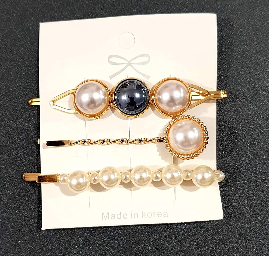 Elegant Pearl Rhinestone Hair Clips for Women - Korean Style Hair Barrettes Set of 3 - Perfect Hair Accessories for Wedding, Party & Daily Use (CLIP-8)