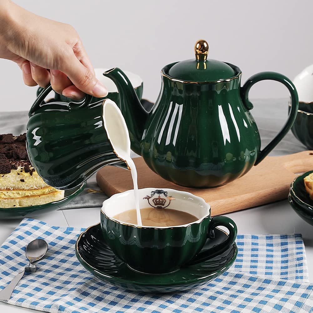 SWEEJAR British Royal Porcelain Tea Set - 8 OZ Cups, Saucers, Teapot, Sugar Bowl, Cream Pitcher with Teaspoons & Tea Strainer + 3-Tier Ceramic Cake Stand | Elegant Afternoon Tea, Wedding & Party Serving Set for Royal Tea Parties, Bridal Showers & Special Occasions