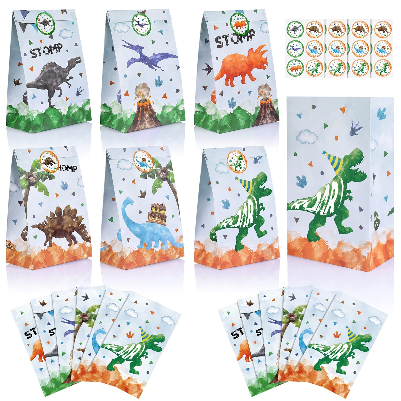 WERNNSAI 24-Piece Dinosaur Party Favor Bags - Dino Themed Birthday Party Supplies for Kids, Boys & Girls - Includes Stickers & Gift Treat Boxes - Perfect for Birthday Parties, Baby Showers & School Events